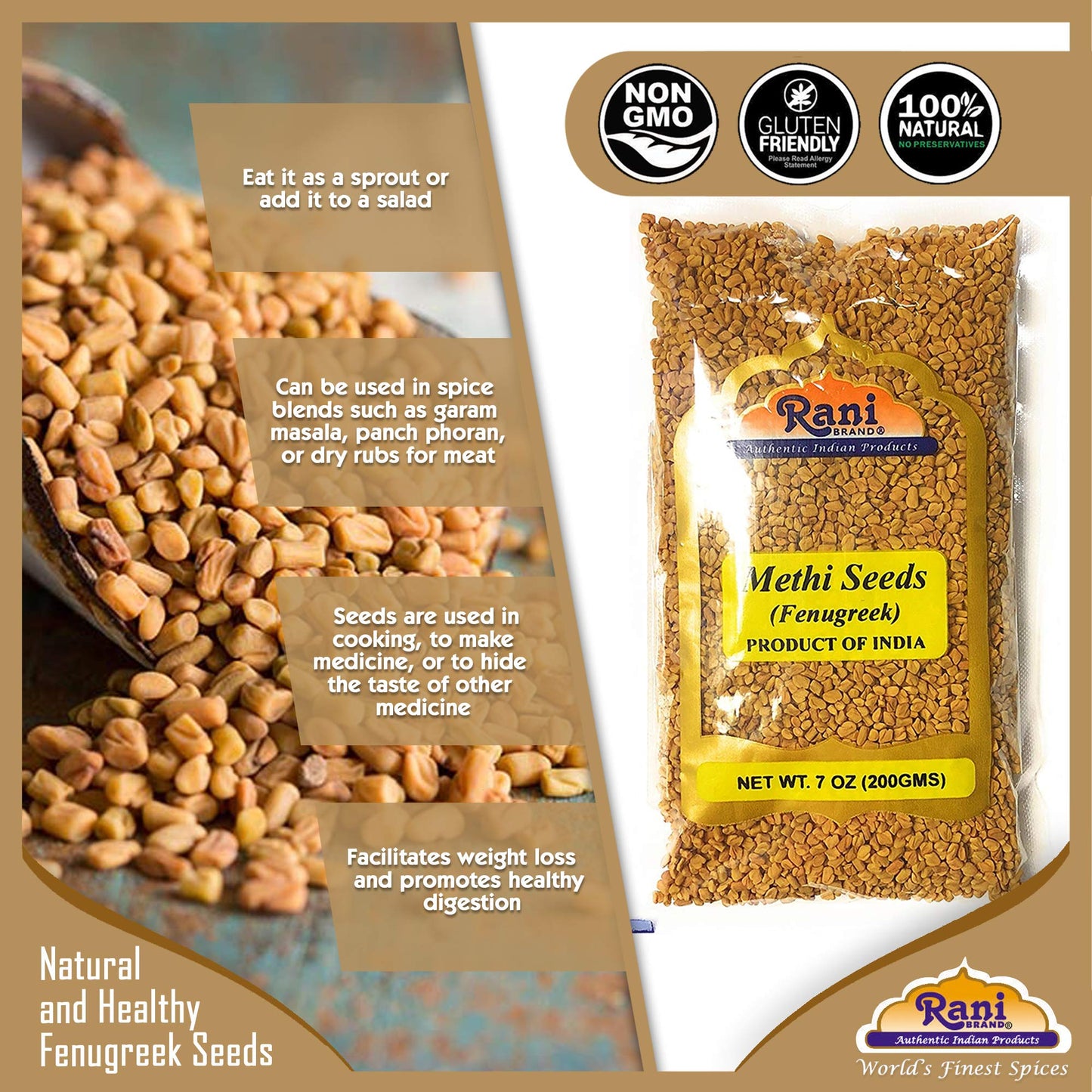 Rani Fenugreek (Methi) Seeds Whole 7oz (200g) Trigonella foenum graecum ~ All Natural | Vegan | Gluten Friendly | Non-GMO | Kosher | Indian Origin  used in cooking & Ayurvedic spice