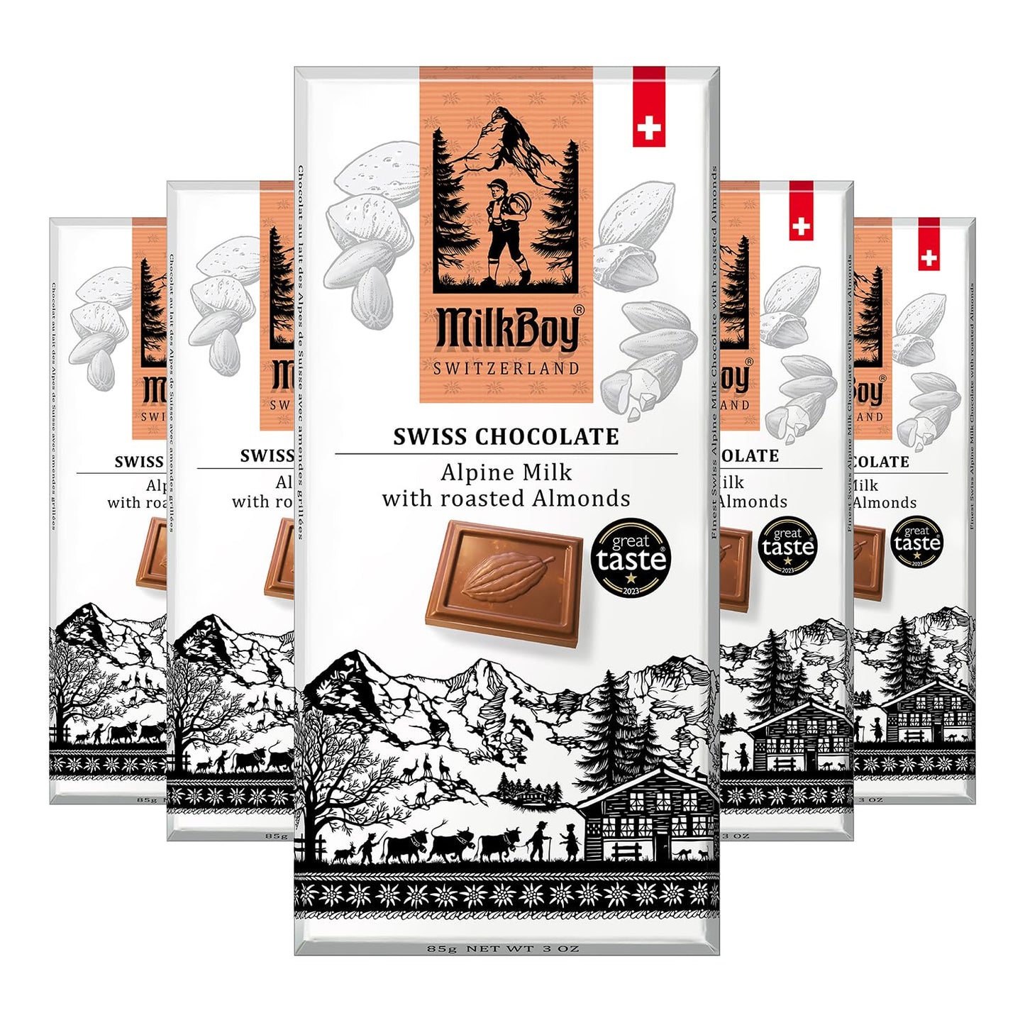 Milkboy Swiss Chocolates Almond Chocolate Bars - Top-Grade Swiss Alpine Milk Chocolate With Almonds - All Natural  Gluten-Free  Non-Gmo - Made In Switzerland  Kosher - 3 Oz  Pack 5