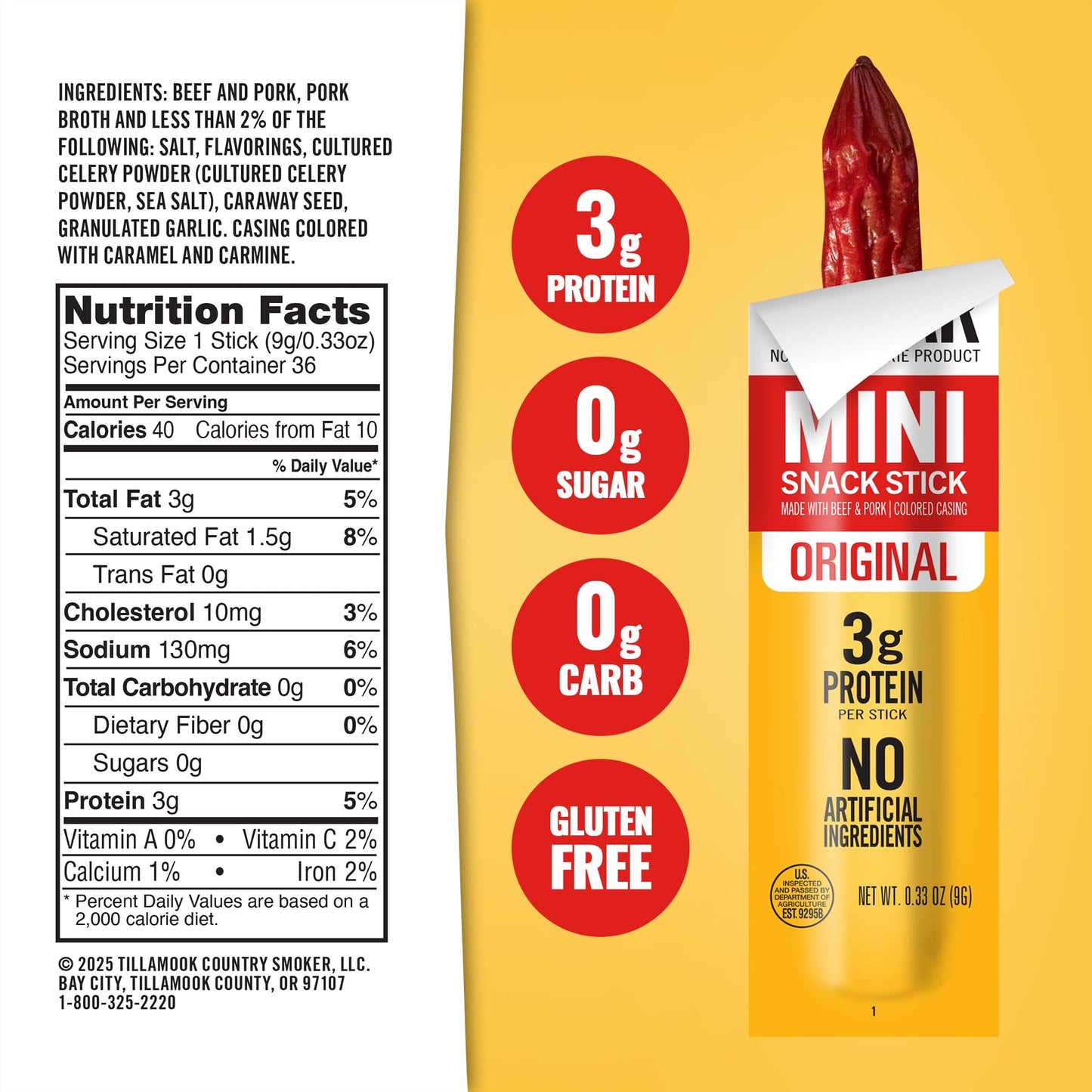Tillamook Country Smoker Zero Sugar Original Mini Smoked Sausages  0.33 oz  48 Ct  Individually Wrapped Beef Sticks for Afternoon Snacks  Lunchboxes  Travel  Real Hardwood Smoked