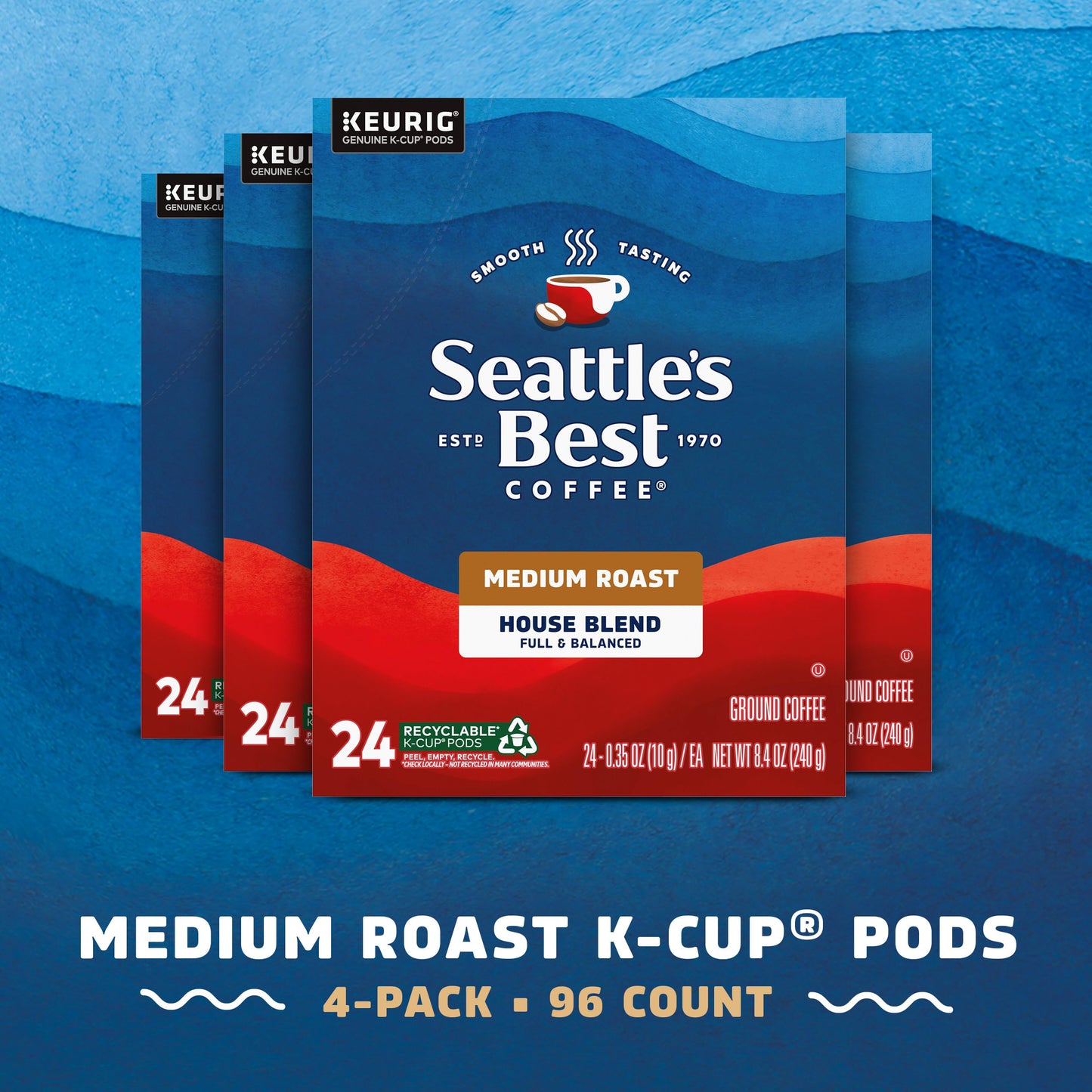 Seattles Best Coffee Medium Roast K-Cup Pods, House Blend, 100% Arabica, 24 Count (Pack of 4), 96 Pods Total