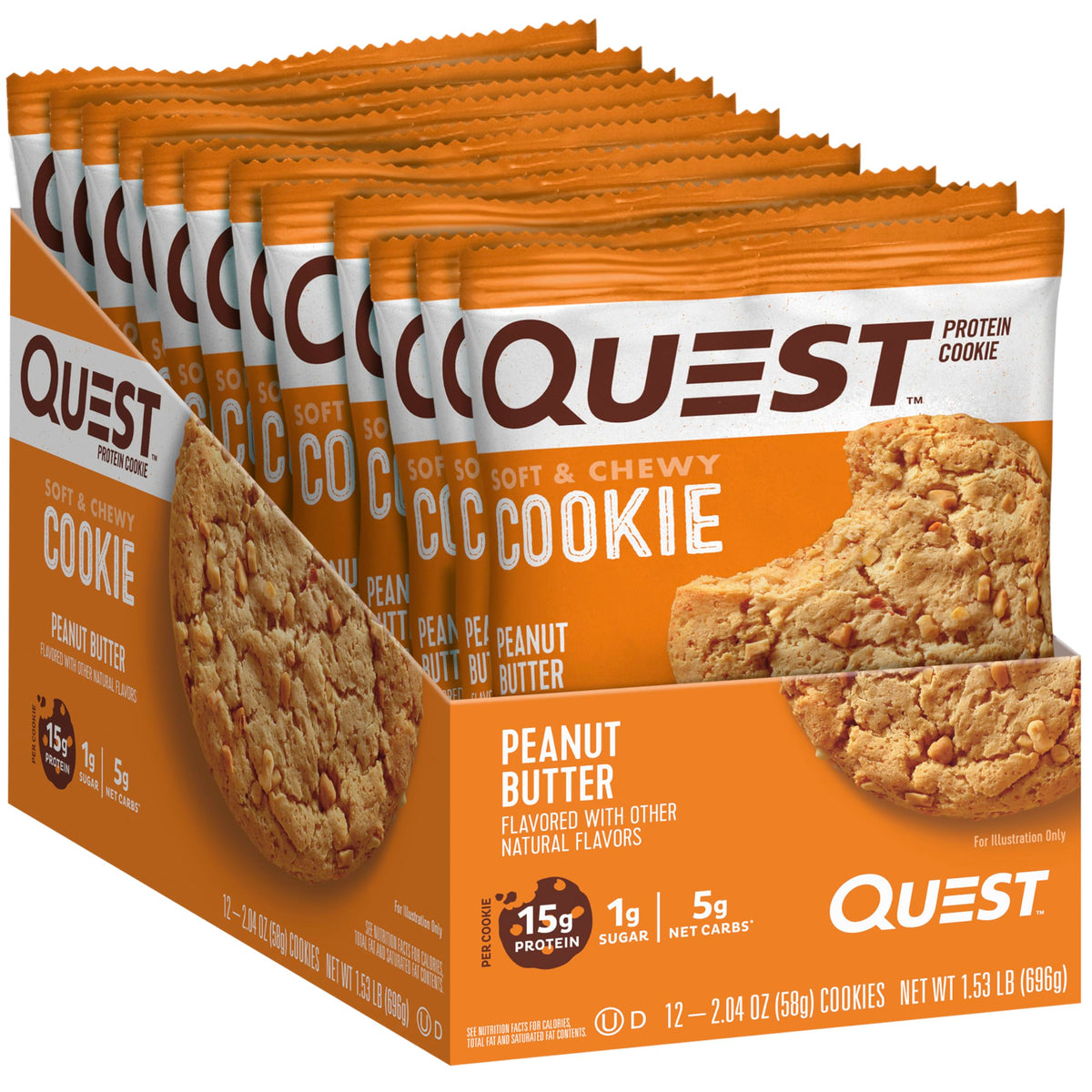 Quest Nutrition Peanut Butter Protein Cookie - 15g Protein, 1g Sugar, 5g Net Carbs - 12 Count