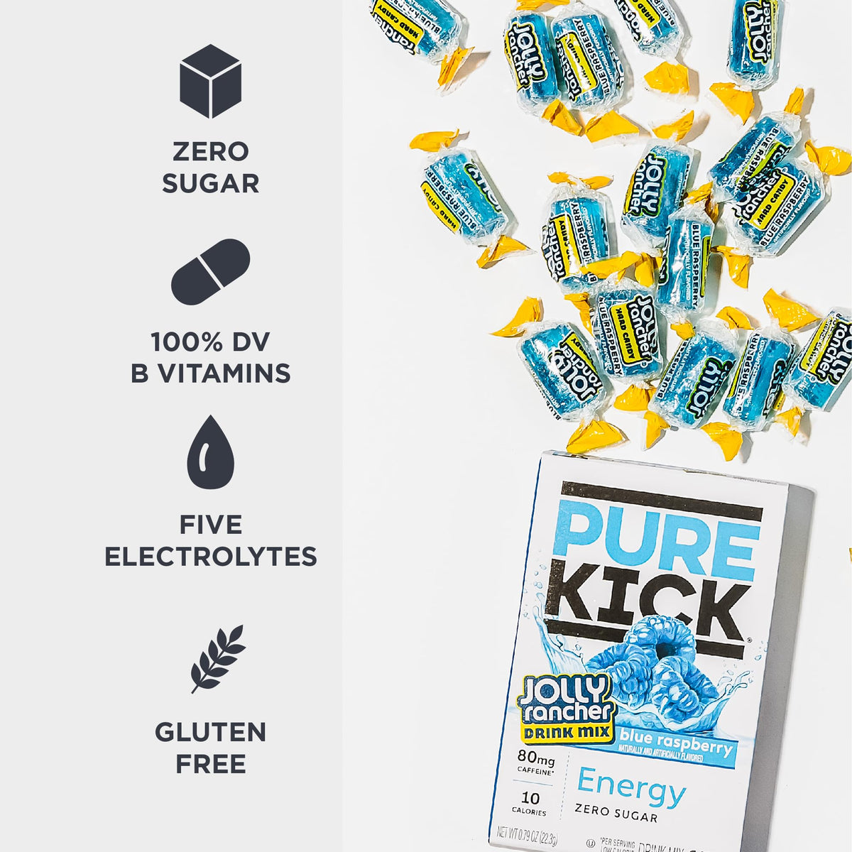 PURE KICK Energy Singles To Go Drink Mix, Jolly Rancher Blue Raspberry, 72 Packets, Convenient 0.13 Ounce Size