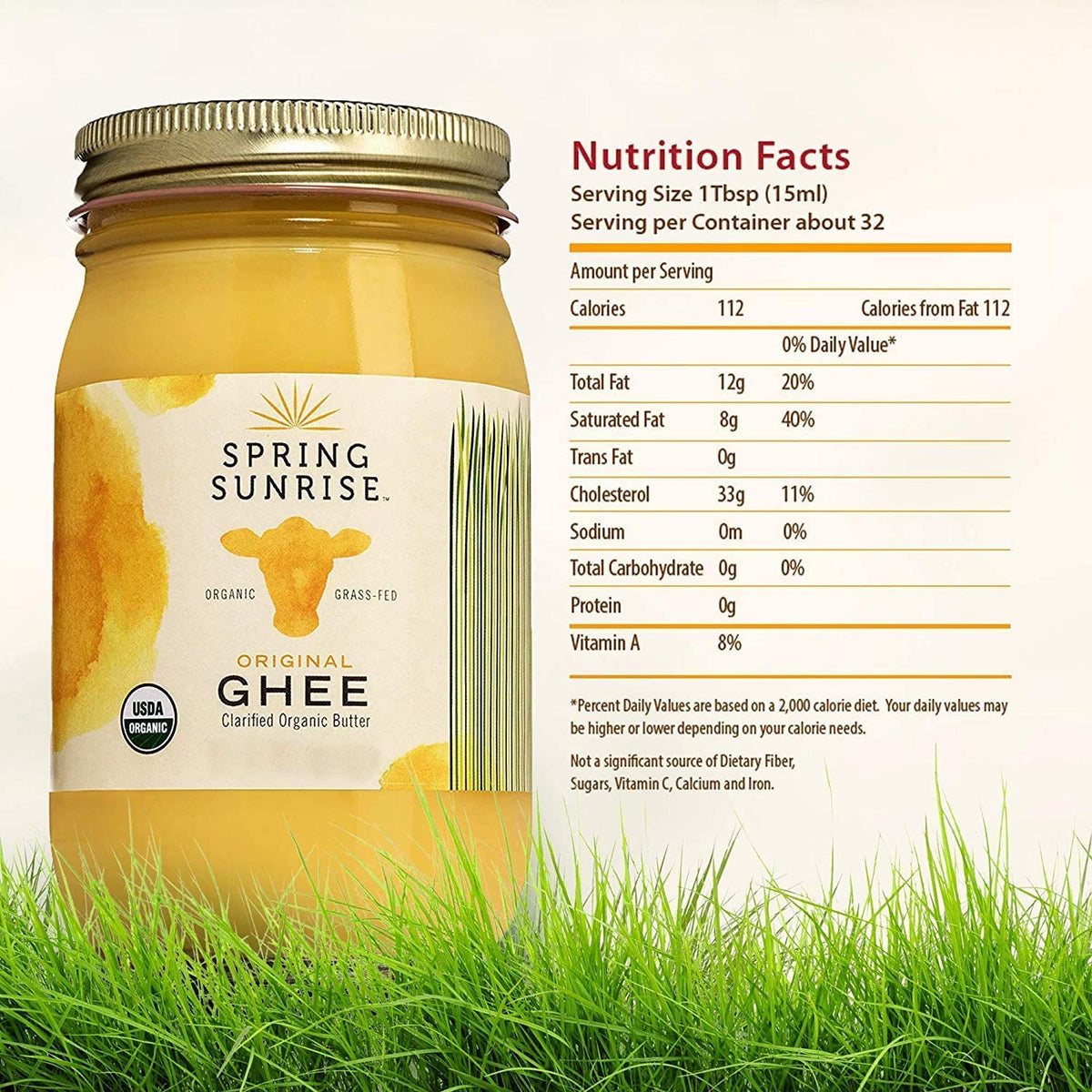 Spring Sunrise Organic Ghee - Grass Fed, Non-GMO, Gluten Free - 32 oz Jar, 6 Pack