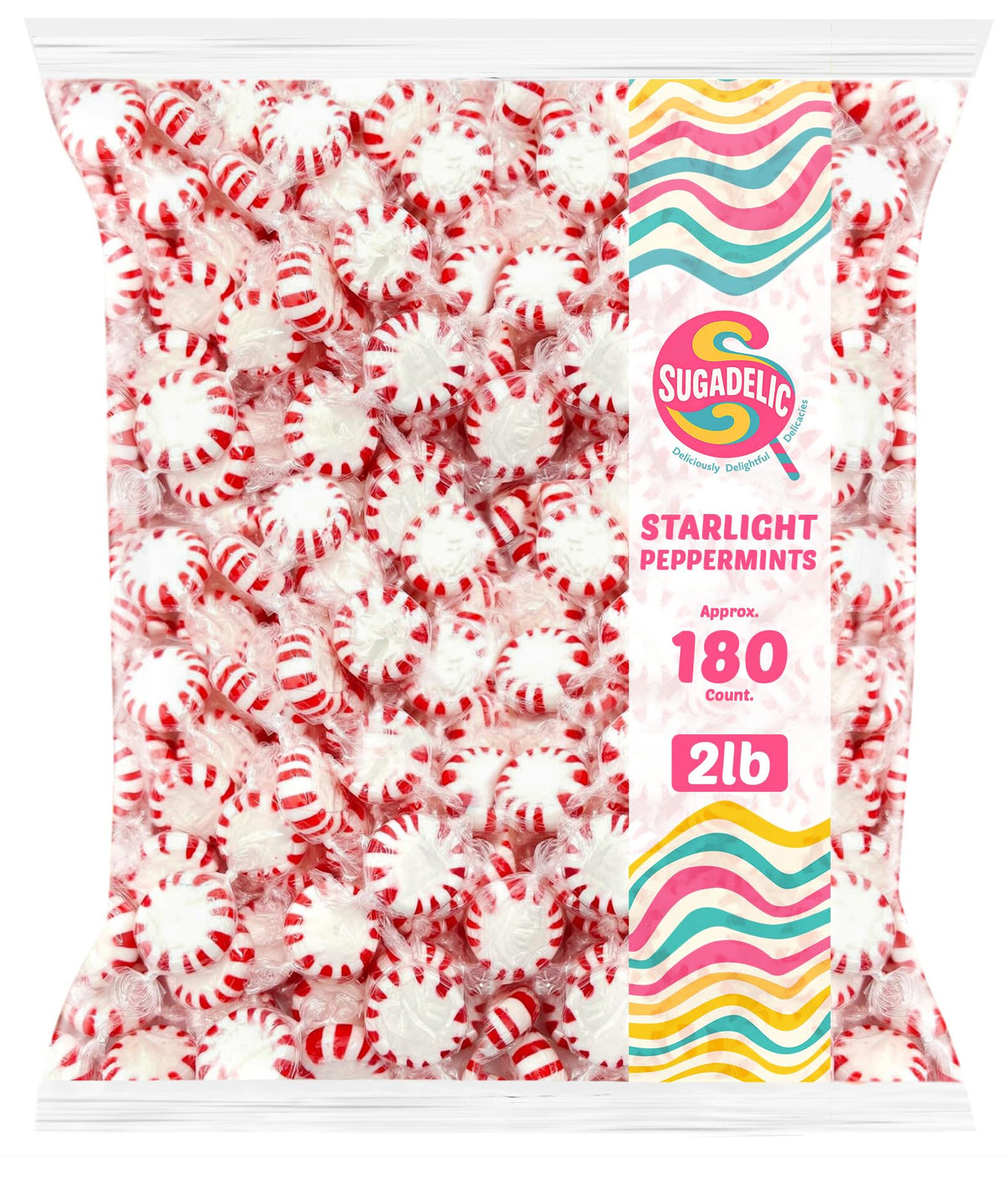 SUGADELIC Starlight Peppermints Hard Candy – 2 lb Bag, Approx. 180 Individually Wrapped Discs for Parties & Holiday Treats