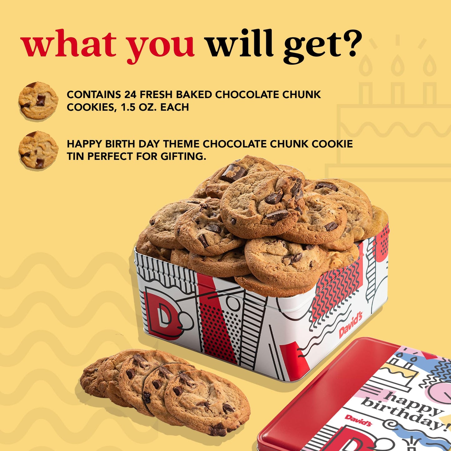 Davids Cookies Happy Birthday Chocolate Chunk Cookies Tin 2lbs - Handmade and Fresh Baked Gourmet Cookie Gift Basket - Delectable & Made with enhanced Ingredients - Ideal Birthday Food Gift For All