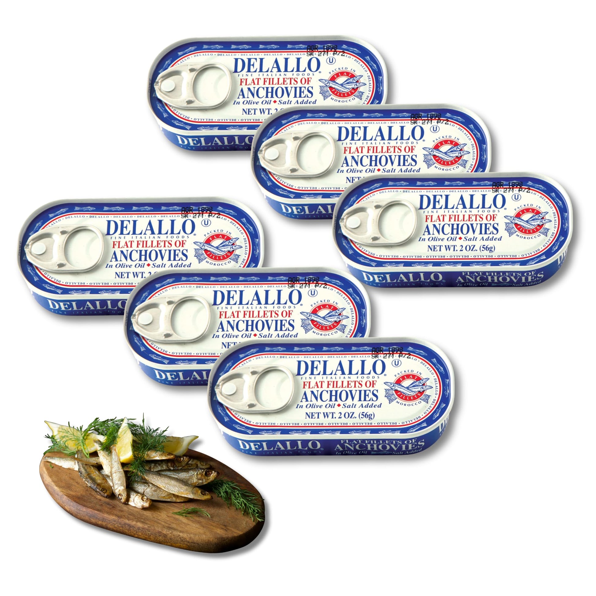 Delallo Anchovies  Tinned Fish Packed In Sea Salt And Olive Oil  Briny Savory Flavor  Meaty Texture  Kosher  Non-Gmo  Gluten-Free  No Preservatives  2 Oz Can  (6 Pack)