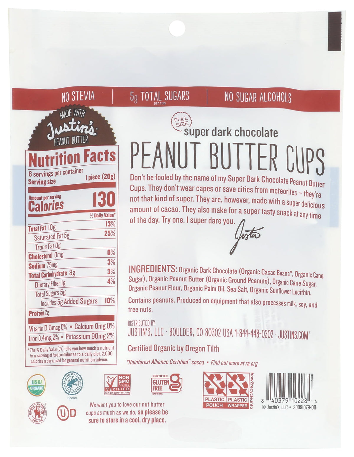 Justins Organic Super Dark Chocolate Peanut Butter Cups, 4.2 Oz