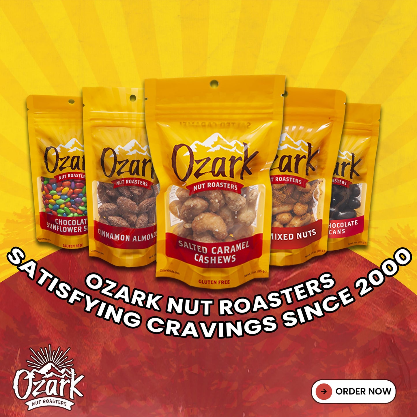 OZARK NUT ROASTERS, Salted Carmel Cashews, Flavored Snack Nuts, World-Class Gourmet Candied Peanuts, 3 Ounces Resealable Pack