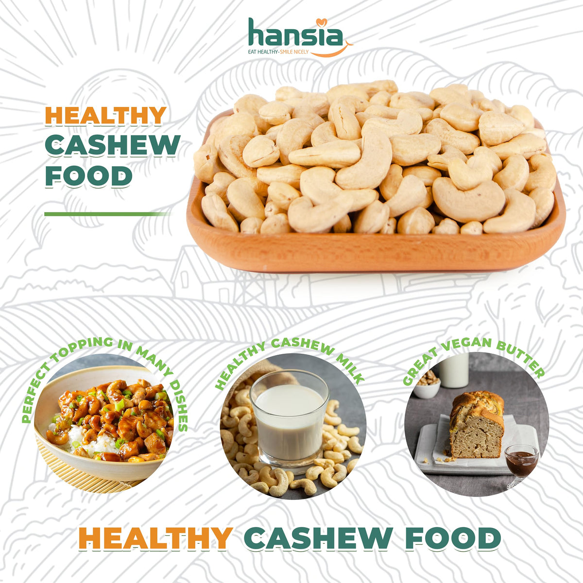 Hansia Roasted Cashew VEGAN, Dry Roasted Unsalted Superfood, Fresh, Healthy, Low Sodium Snacks, Rich of Protein & Natural Fiber,