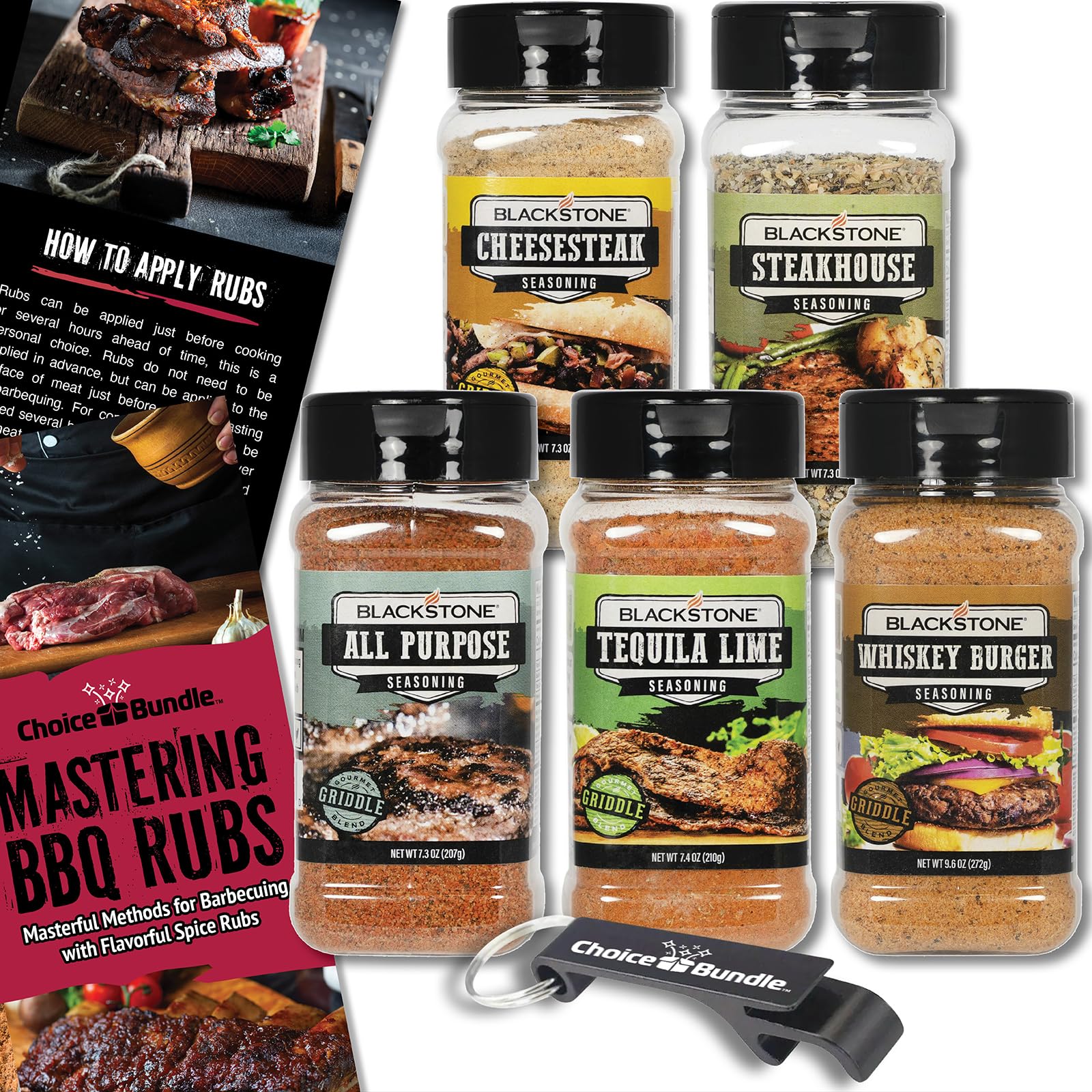 Blackstone Flavor Blend Burger Steakhouse Flavor Blend Lime All Purpose Cheesesteak Top-Grade Barbecue Griddle Seasoning Rub 5 Pk (38.9 Oz) + Bbq Masters & Opener (7 Items)!