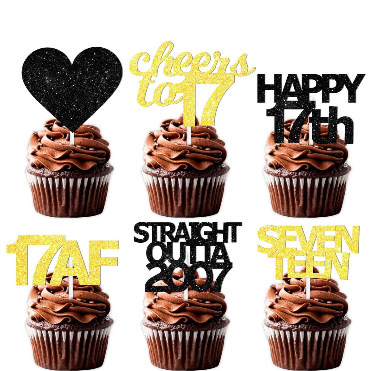 18Pcs Black Gold Glitter Dessert Cupcake Pick For Straight Outta 2007 Cheer To 17 Years Old Theme Decor Supplies Happy 17Th Birt