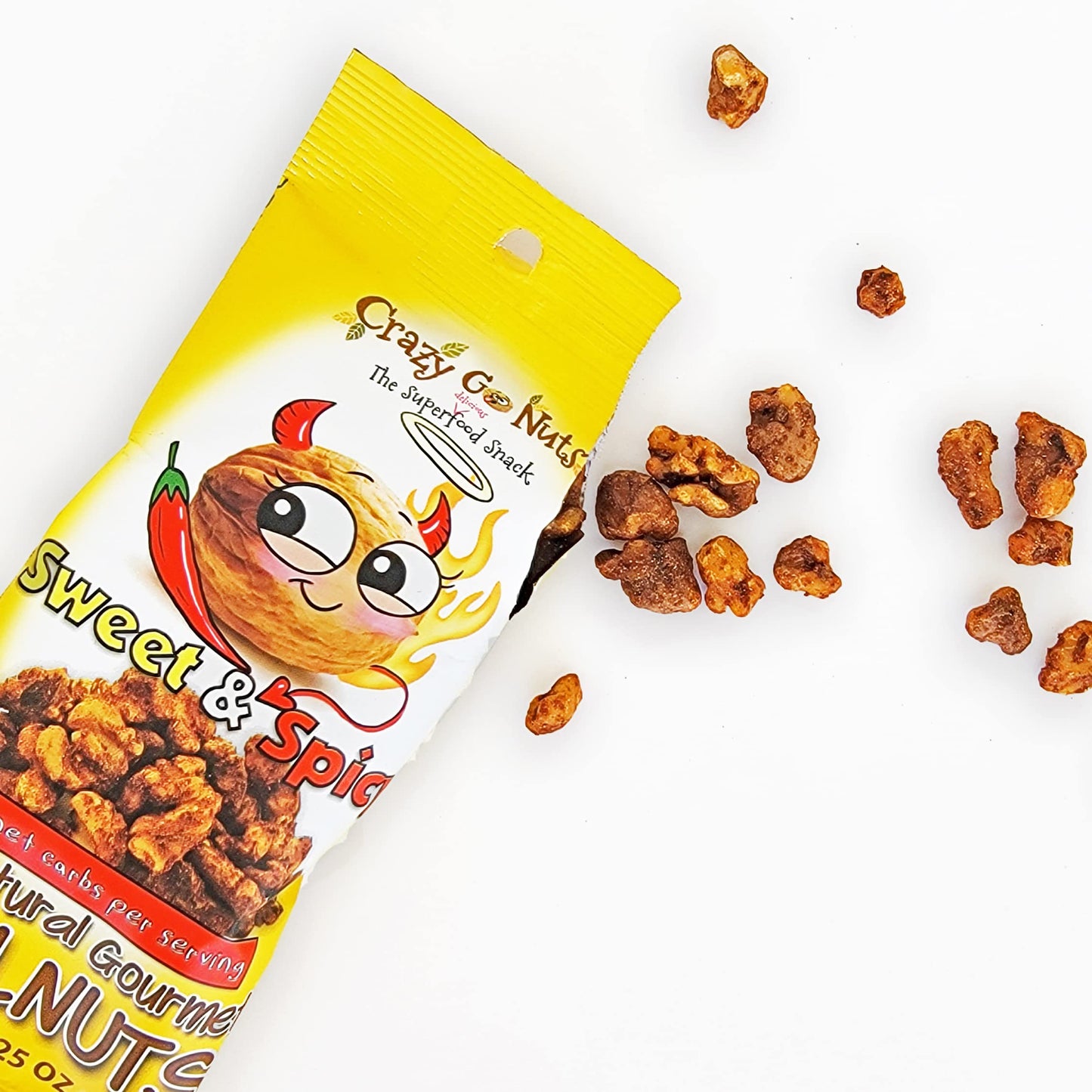 Crazy Go Nuts Walnuts - Sweet & Spicy, 1.25 oz (6-Pack) - Healthy Snacks, Vegan, Gluten Free, Keto, Low Carb, Superfood - Natura