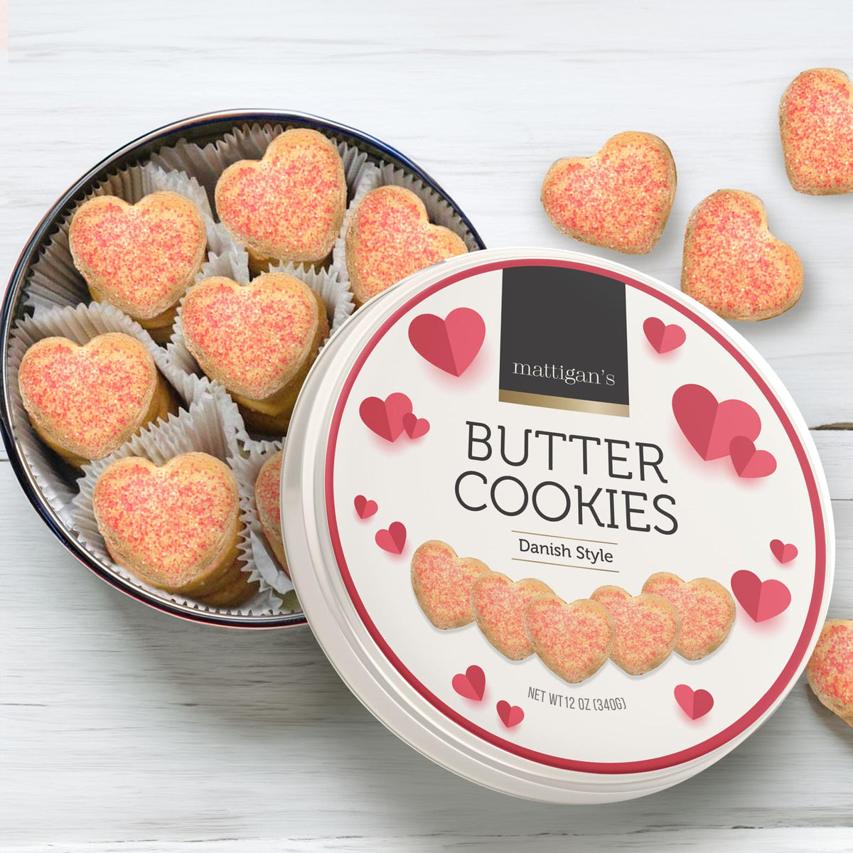 Mattigans Pink Heart Butter Cookies Danish Style Cookie, 12 Oz Tin, Gourmet Gifts, Holidays, Birthday, Special Occasions, Assor