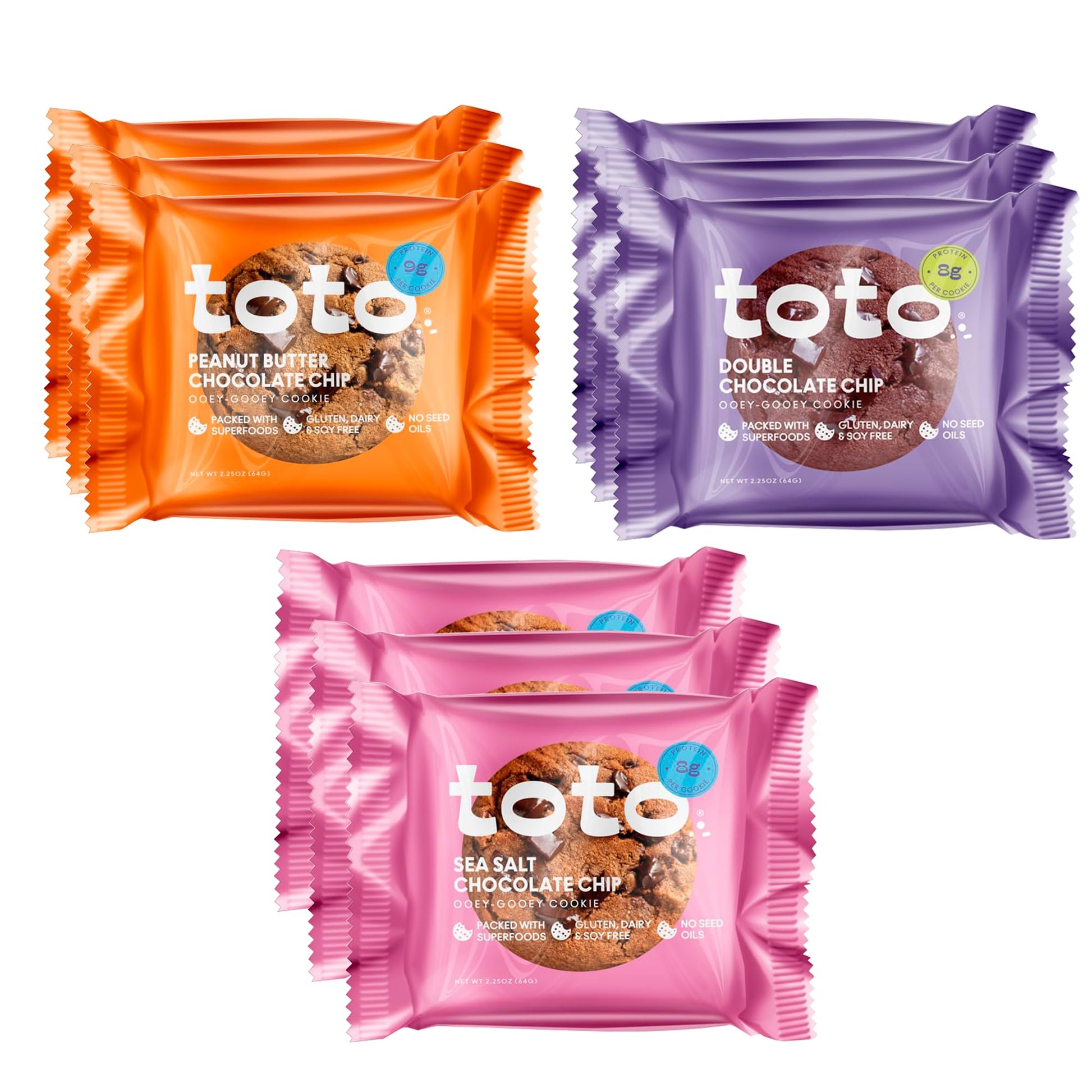 Kgf - Variety Pack Toto Gluten-Free Gooey Cookie  Peanut Butter 3  Double Chocolate 3  Seasalt Chocolate 3  2.25Oz  Pack Of 9