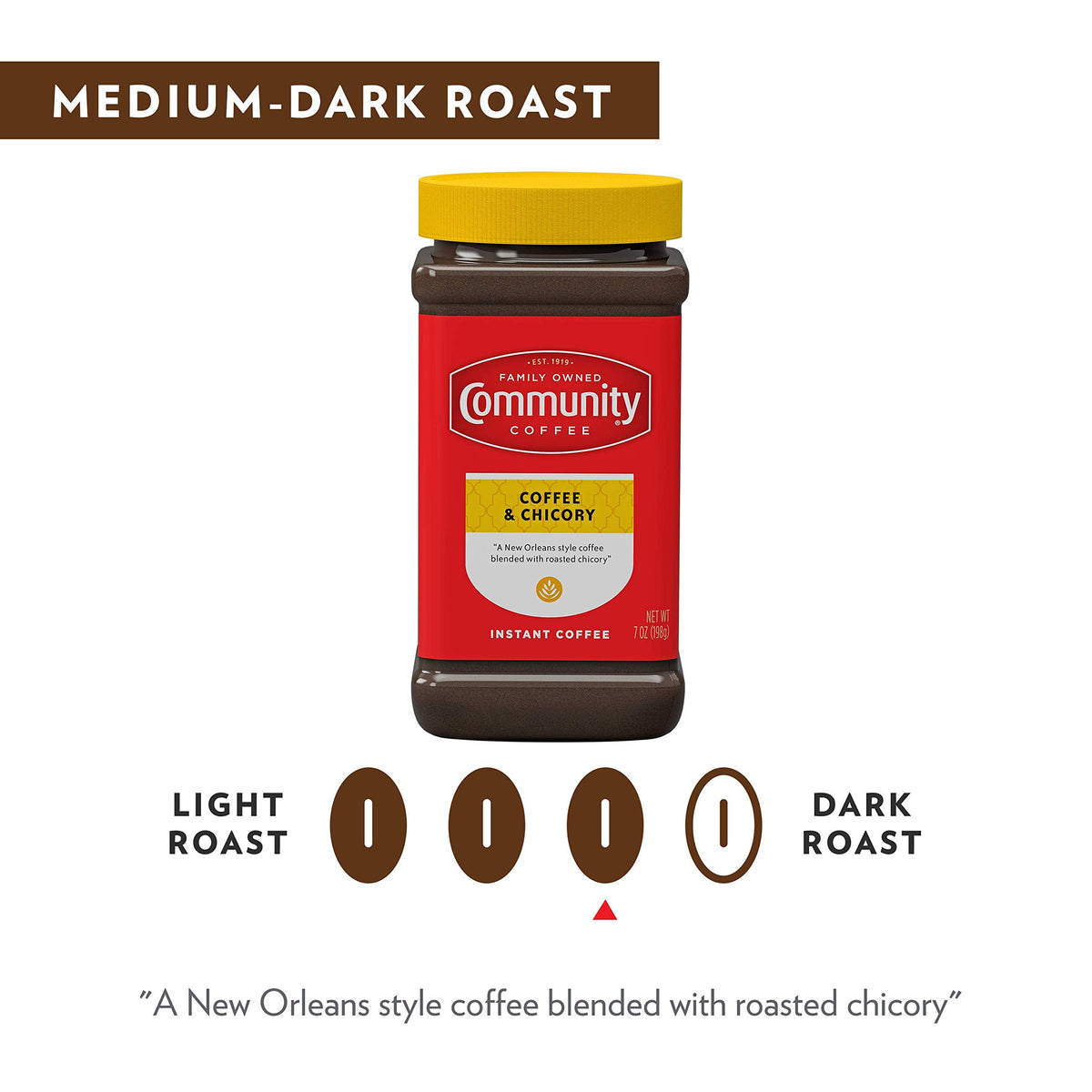 Community Coffee Instant Coffee and Chicory, Medium Dark Roast, 7 Ounce Jar (Pack of 4)