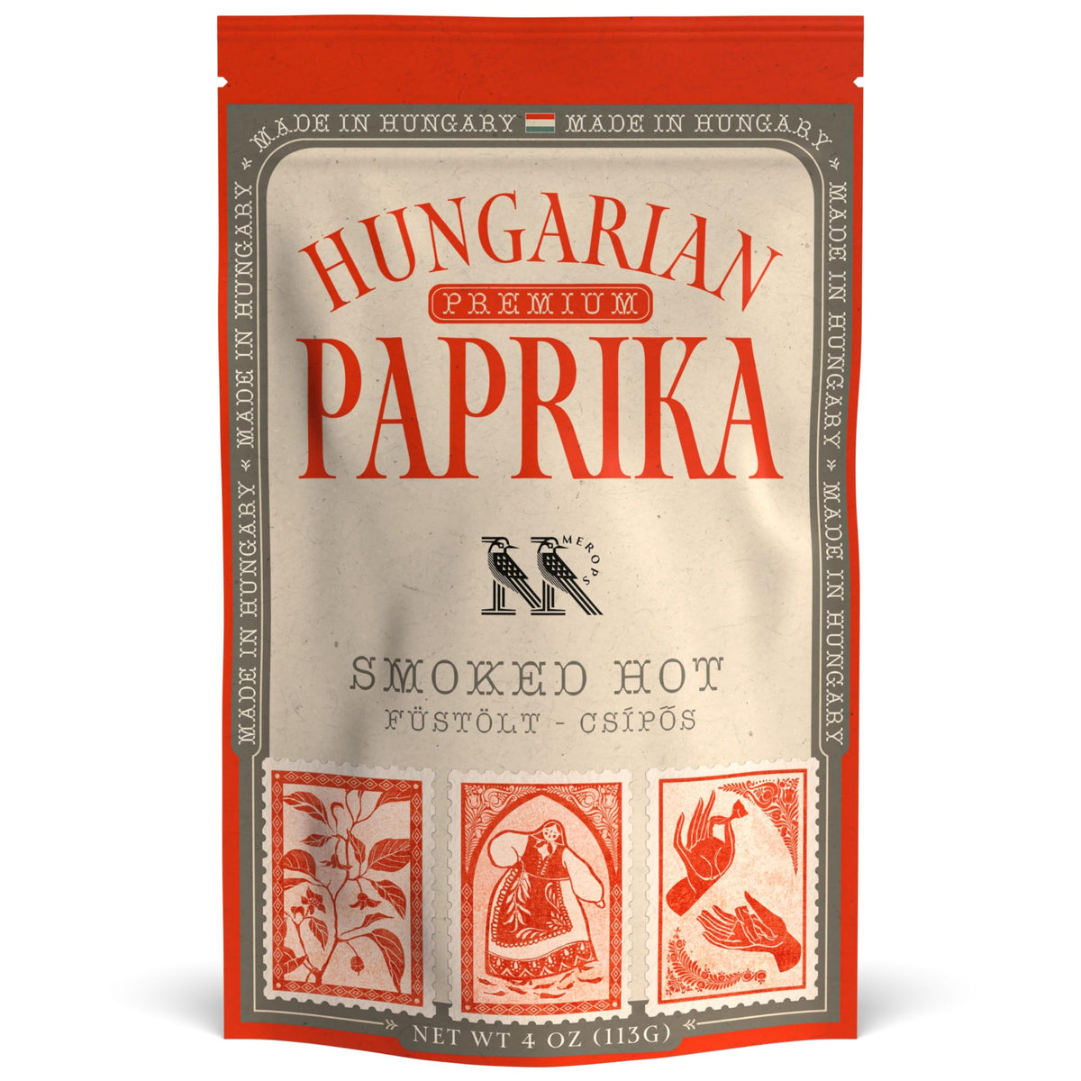 Top-Grade Rich Flavor Hot Hungarian Paprika Powder (4 Oz) - Non-Gmo - Vibrant Deep Red Color - Oriflavor Blend: Szeged Region  Hungary - Authentic Seasoning Spice In Resealable Bag By Merops