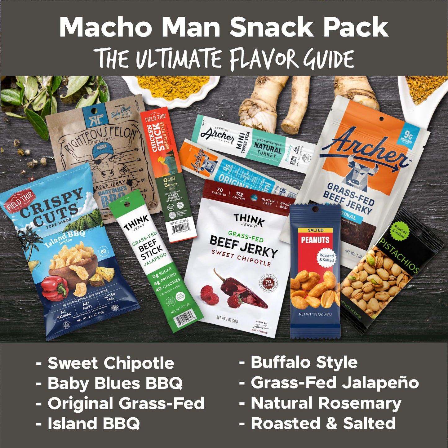 Macho Man Snack Pack Jerky Gift Box - High Protein Snacks For Men, Curated Beef Jerky Assortment Gift Box For Men, Husband, Dad, Boyfriend, Low Carb Keto