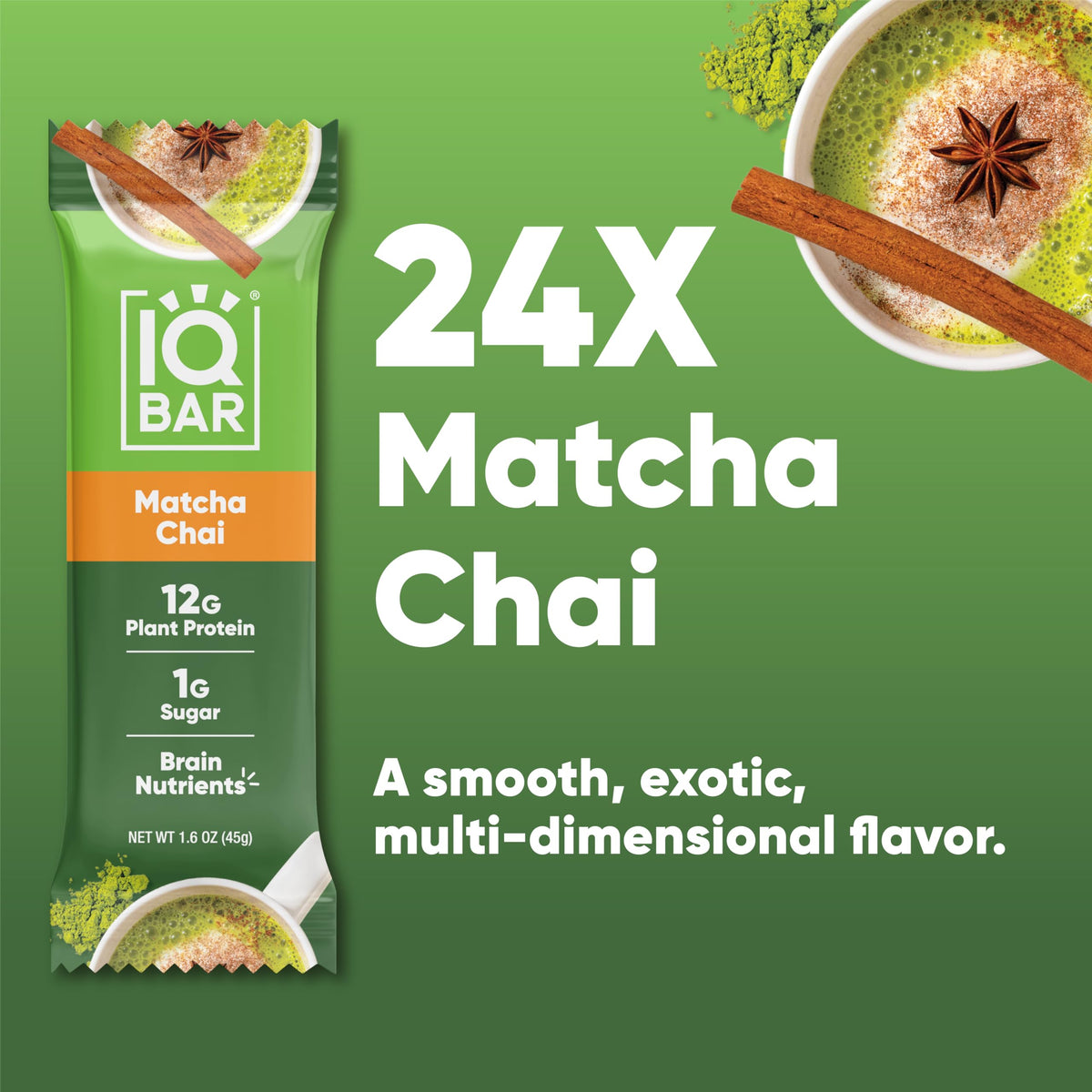 IQBAR Brain and Body Plant Protein Bars - Matcha Chai - 24 Count, Low Carb, High Fiber, Gluten Free, Healthy Vegan Snacks - Low