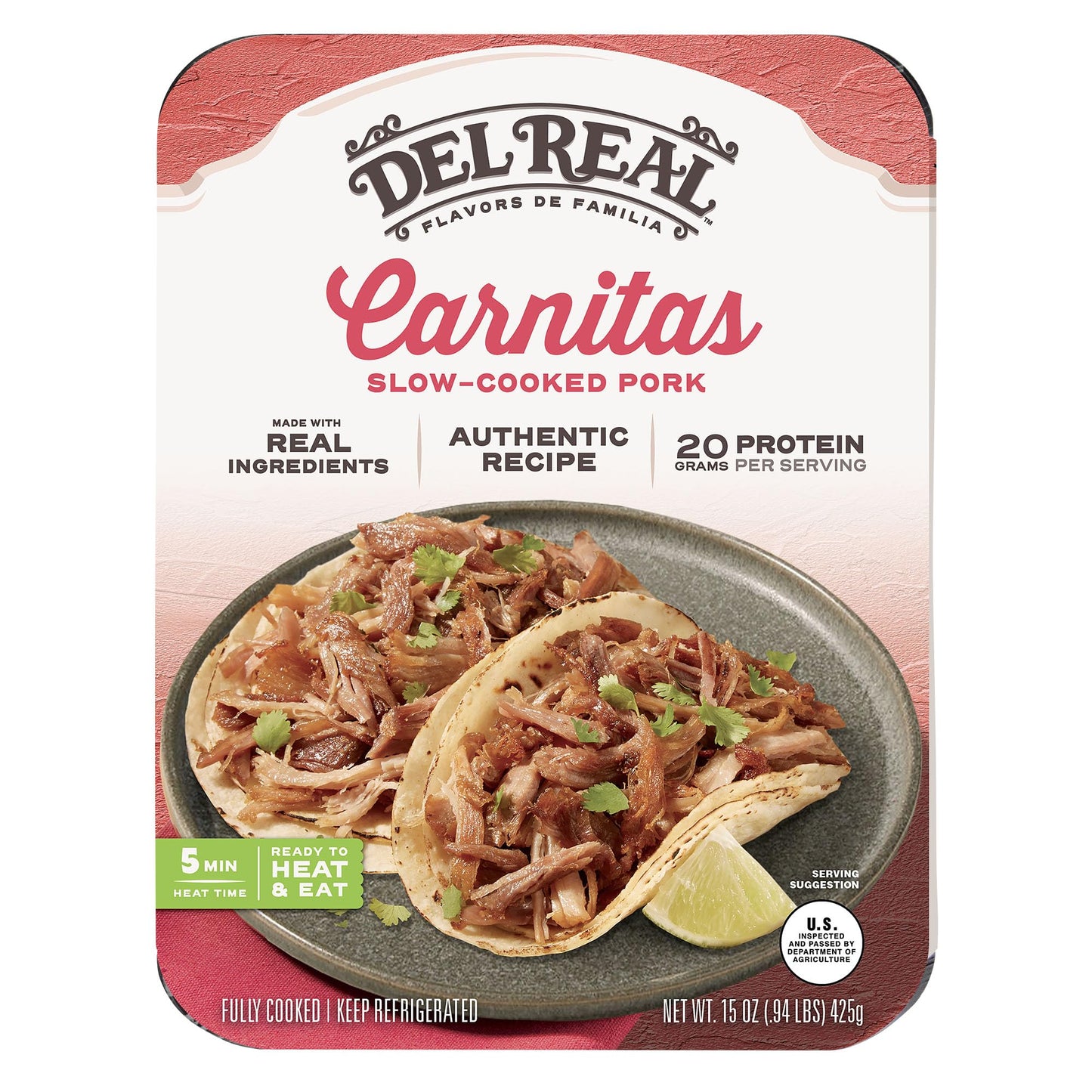 Del Real Foods Carnitas, Shredded Pork Entr  e | Fully Cooked, Heat & Serve, Microwaves in Minutes | For Tacos, Bowls & Family M