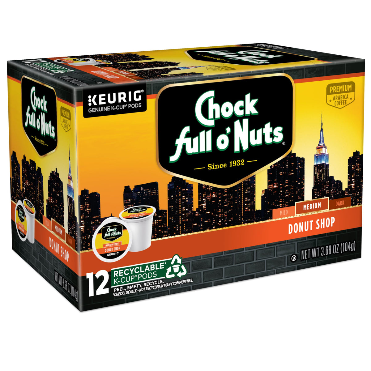 Chock Full oNuts Donut Shop Coffee, Compatible with K-Cup Pods, 12 Count, Pack of 6