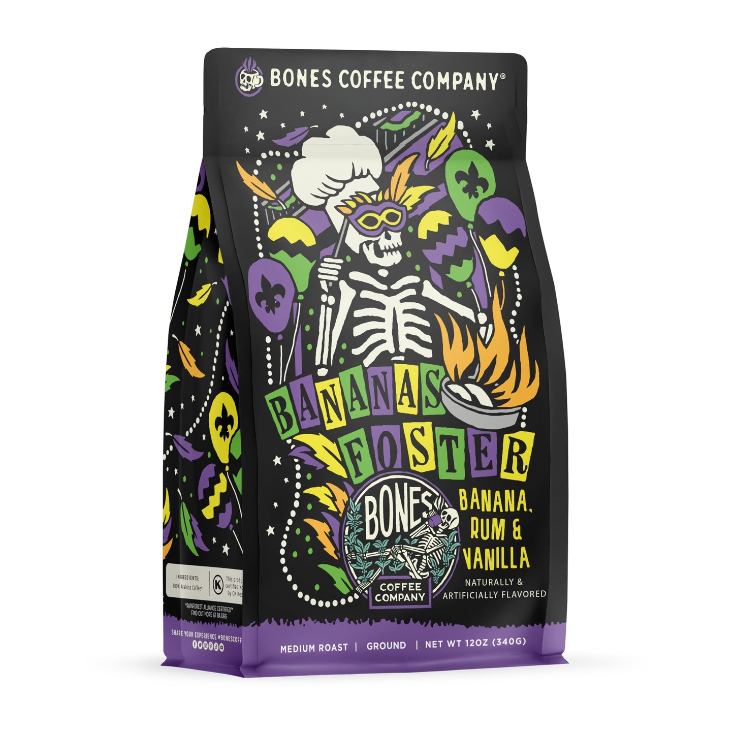 Bones Coffee Company Bananas Foster Ground Coffee Beans  Banana Flavor Blend & Vanilla Flavor  Low Acid Flavored Coffee  Made With Arabica Coffee Beans  Medium Roast Gourmet Coffee (12 Oz)