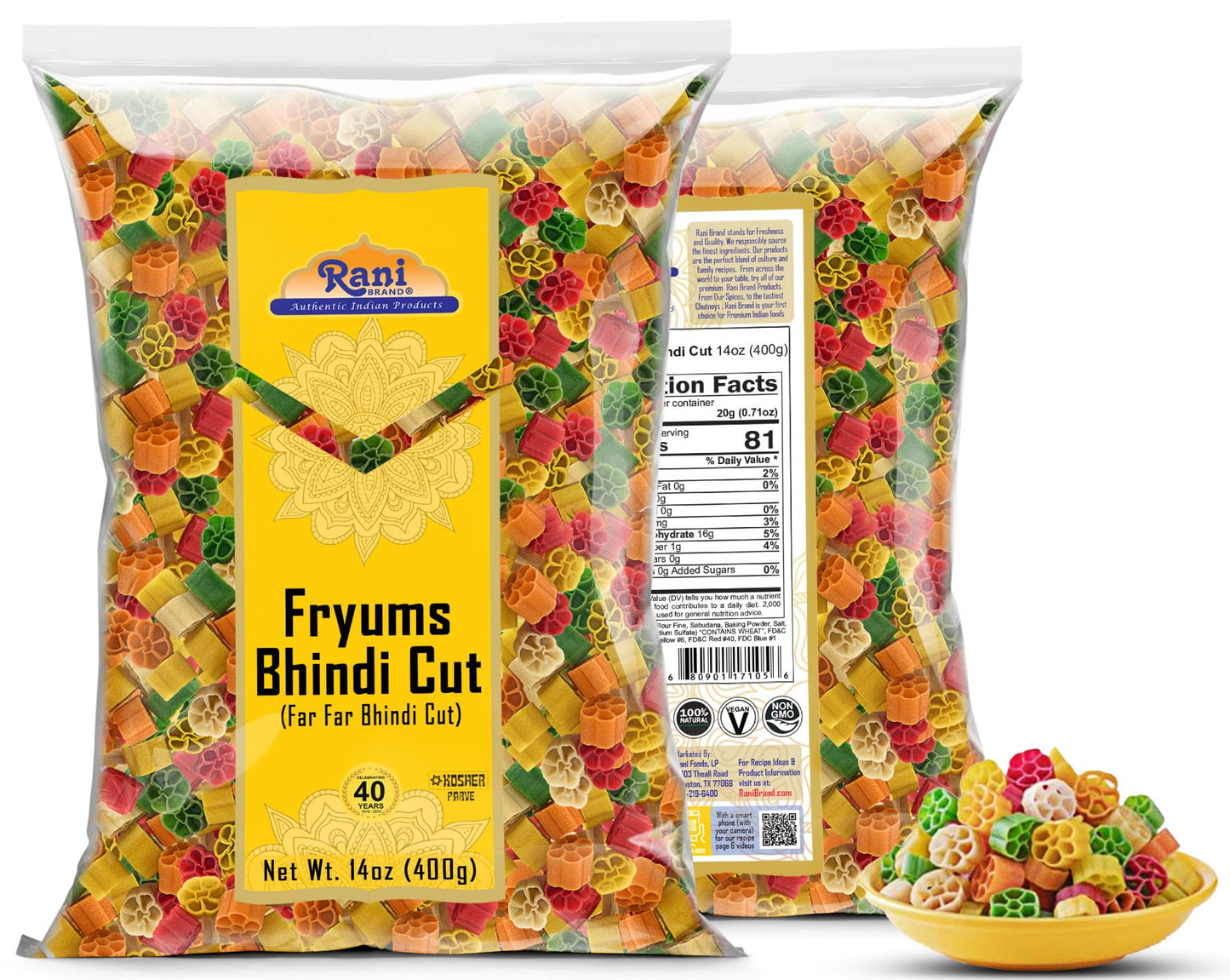 Rani Fryums Bhindi Shape, Vegan & Kosher, 14oz (400g) Uncooked Wheat & Tapioca project piece Snack