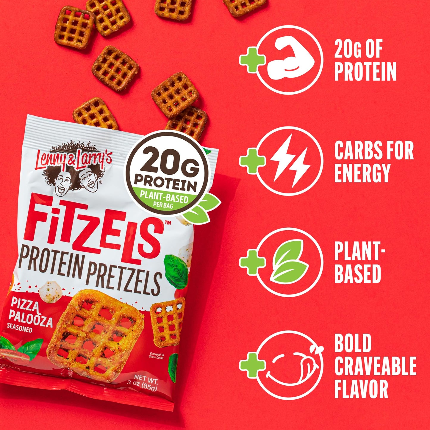 Lenny & Larrys Pizza Palooza FITZELS- Savory Pretzel Snacks Incredibly Tasty High Protein, Salty, Vegan, Kosher 20 gs of Plant