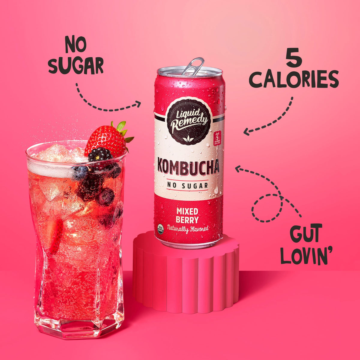 Liquid Remedy Kombucha Sugar Free Organic Drink, Low Calorie, Probiotic Like Tea For Gut Health - Mixed Berry - 8.5 Fl Oz Can, 2