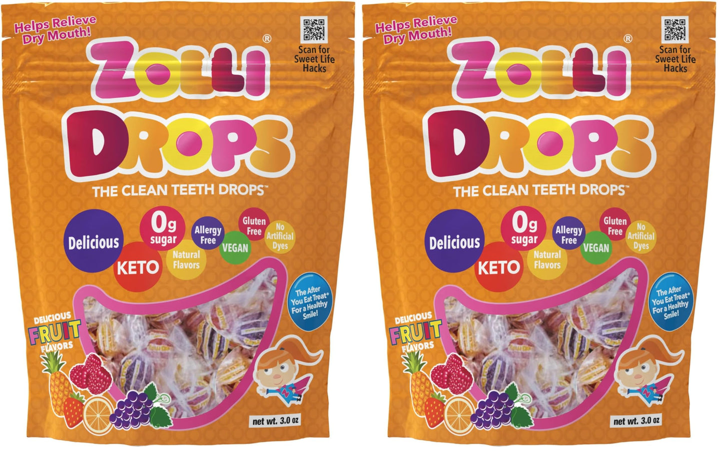 Zolli Drops Fruit Vegan 3oz - Delectable Assorted Fruit Flavors, Dental-Friendly with Xylitol and Vegan Treats for Guilt-Free Sn