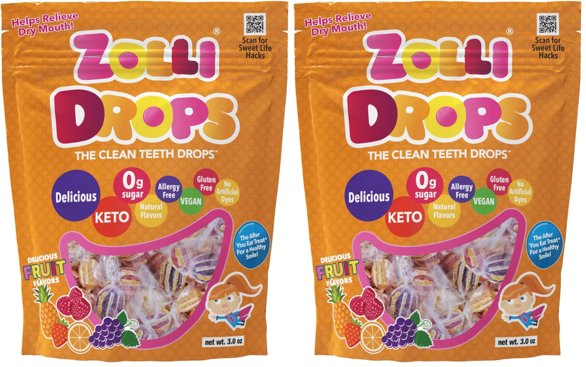 Zolli Drops Fruit Vegan 3oz - Delectable Assorted Fruit Flavors, Dental-Friendly with Xylitol and Vegan Treats for Guilt-Free Sn