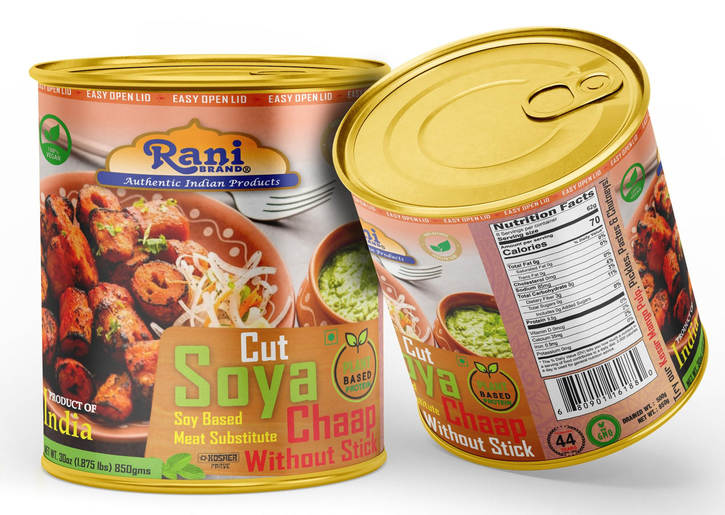 Rani Cut Soya Chaap Whitout Stick (Plant Based Protein) 30Oz (1.875Lbs) 850G ~ Easy Open Lid | All Natural | Vegan | No Colors |