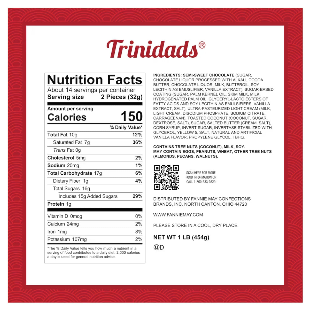 Fannie May Trinidads (Toasted Coconut - Chocolate Truffle) Signature Wrapt 1 Lb. Box - Gift Basket With Gift Tag & Insulated Shipper