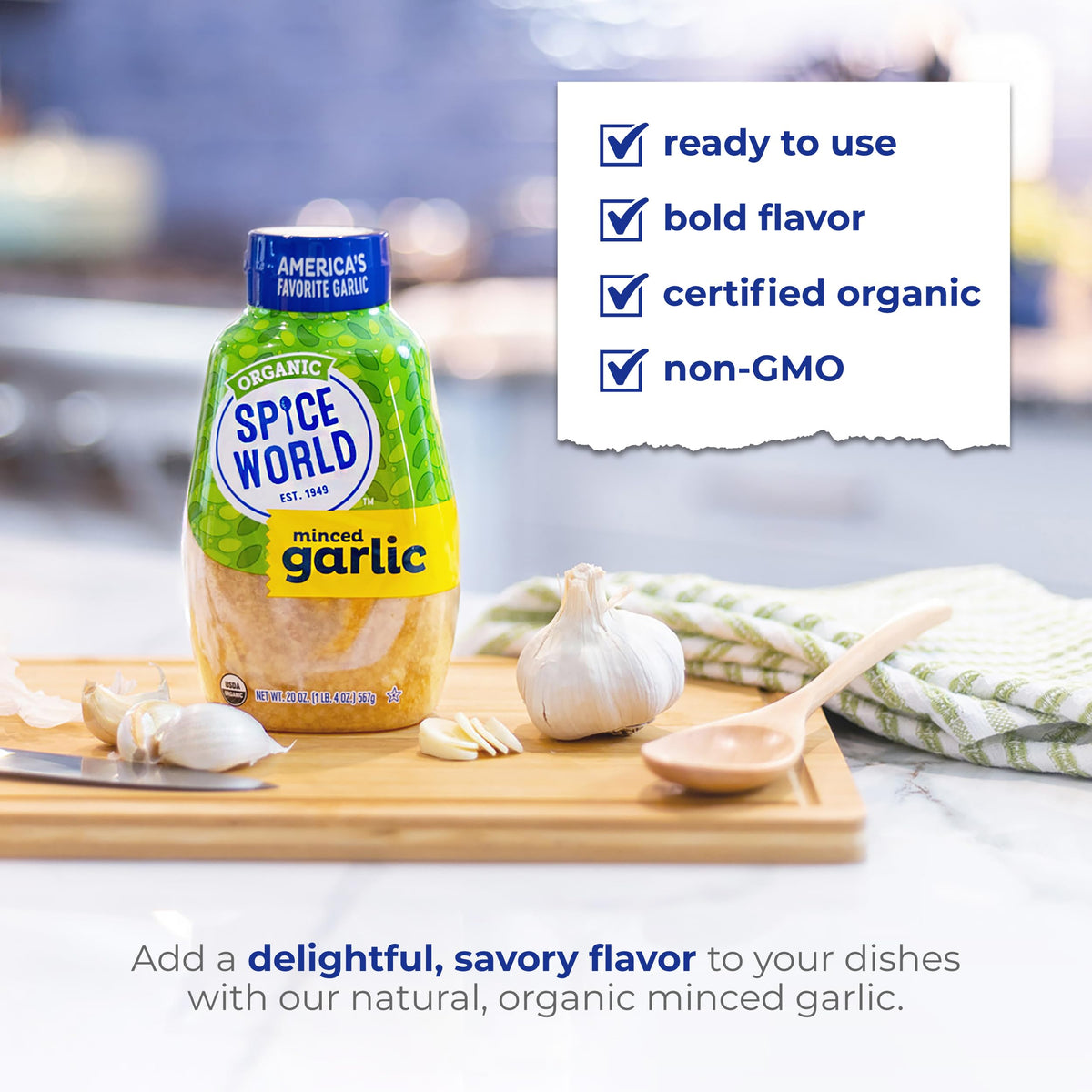 Spice World Squeezable Organic Minced Garlic - Value 20oz Container, USDA Certified Organic Garlic with Non-GMO Ingredients - Re