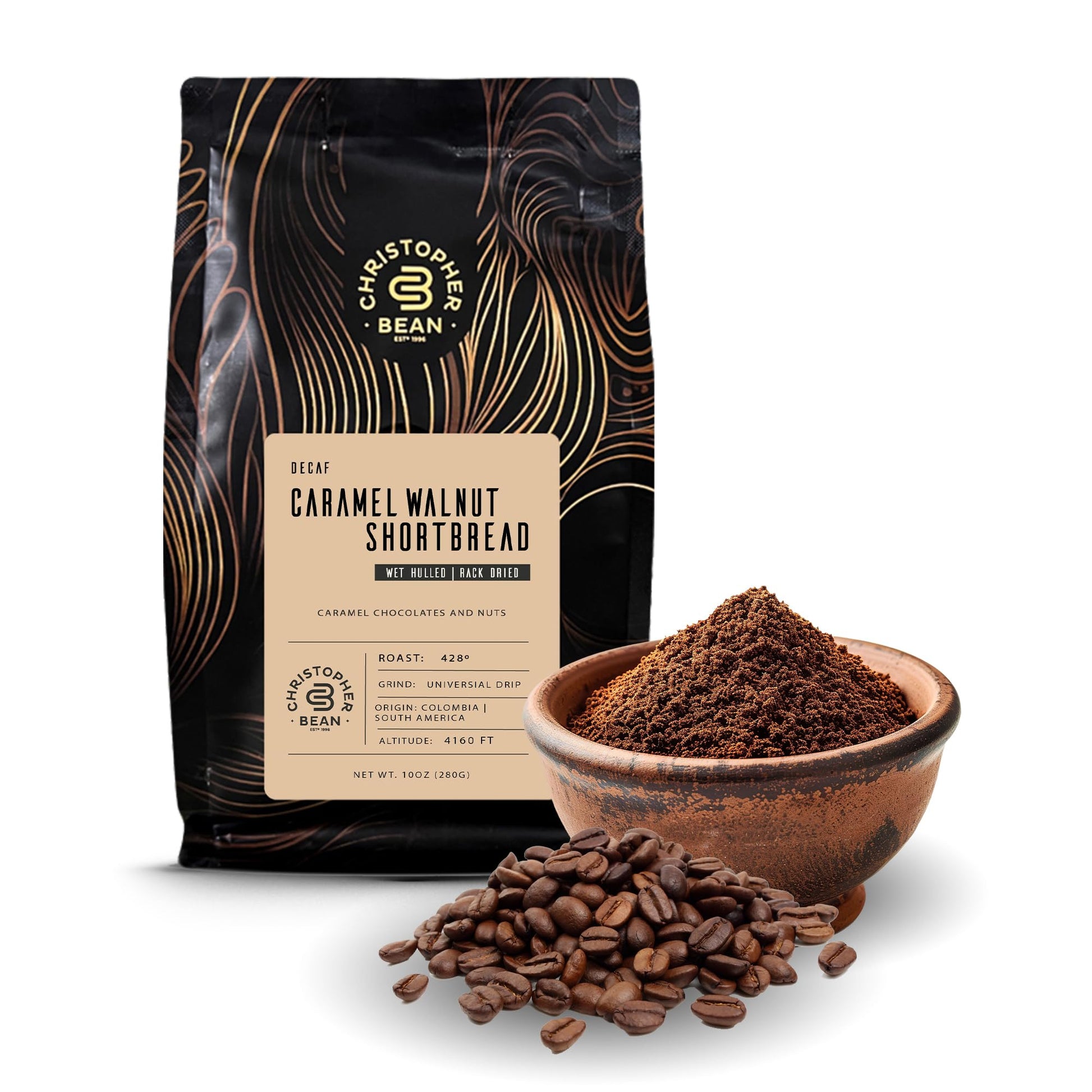 Christopher Bean Coffee - Certified Kosher - Decaf Ground Universal Drip Caramel Walnut Shortbread Flavored Coffee| Flavored Coffee With Medium Roast 100% Arabica  No Sugar  No Fats  Non-Gmo | 10 - Ounce