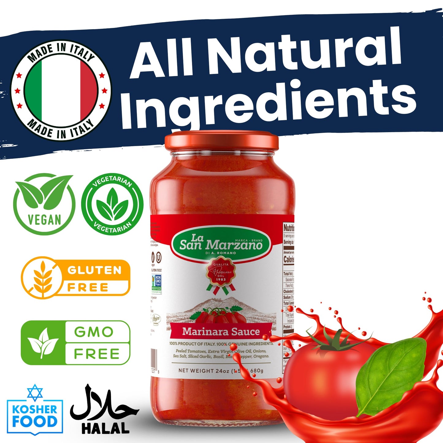 La San Marzano Marinara Sauce, All Natural, Non-GMO, Vegan, Gluten Free, 24 oz, 1.5 lb