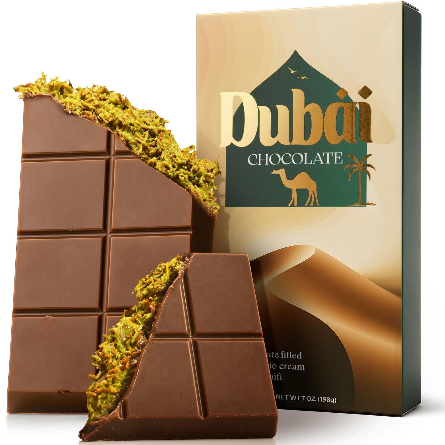 Dubai Chocolate Bar Pistachio Deluxe - 7 Oz Rich Milk Chocolate Bar With Elegant Pistachio Filling & Crisp Kataifi Threads - Inspired By Iconic Dubai Knafeh Dessert