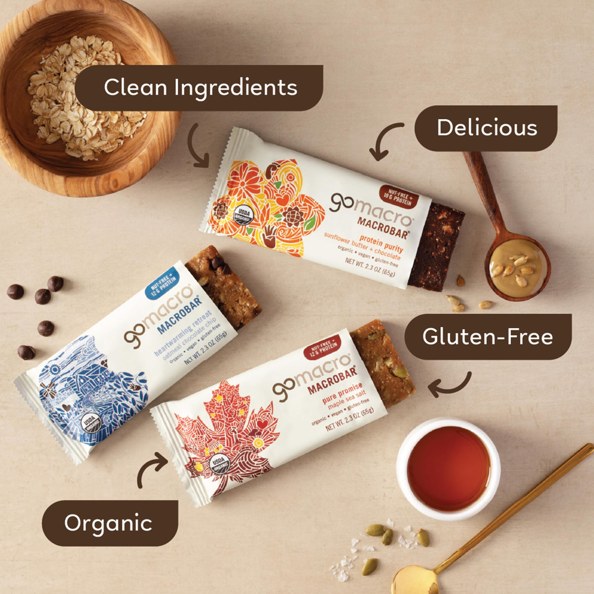 Gomacro Macrobar Organic Vegan Protein Bars, Nut Free Variety Pack, 2.3 Oz, 12 Count