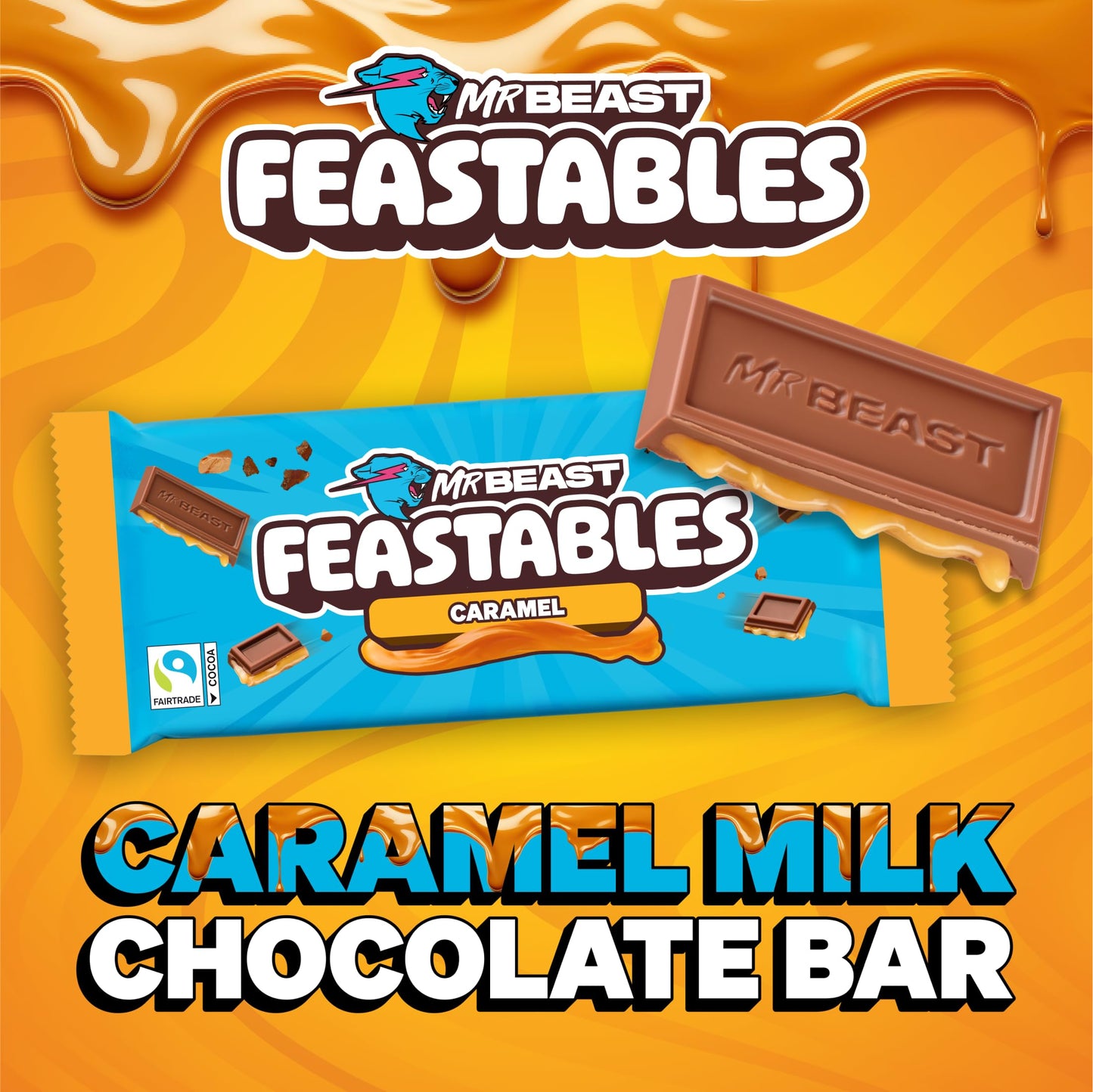 Feastables Mrbeast Caramel Chocolate Bar, King Size Candy Bar For Mature-Themeds & Kids, Candy Bars For Snacks, Gifts, Or Dessert, Sweet & Creamy Fairtrade Cocoa, 2.1 Oz Each, 10 Count
