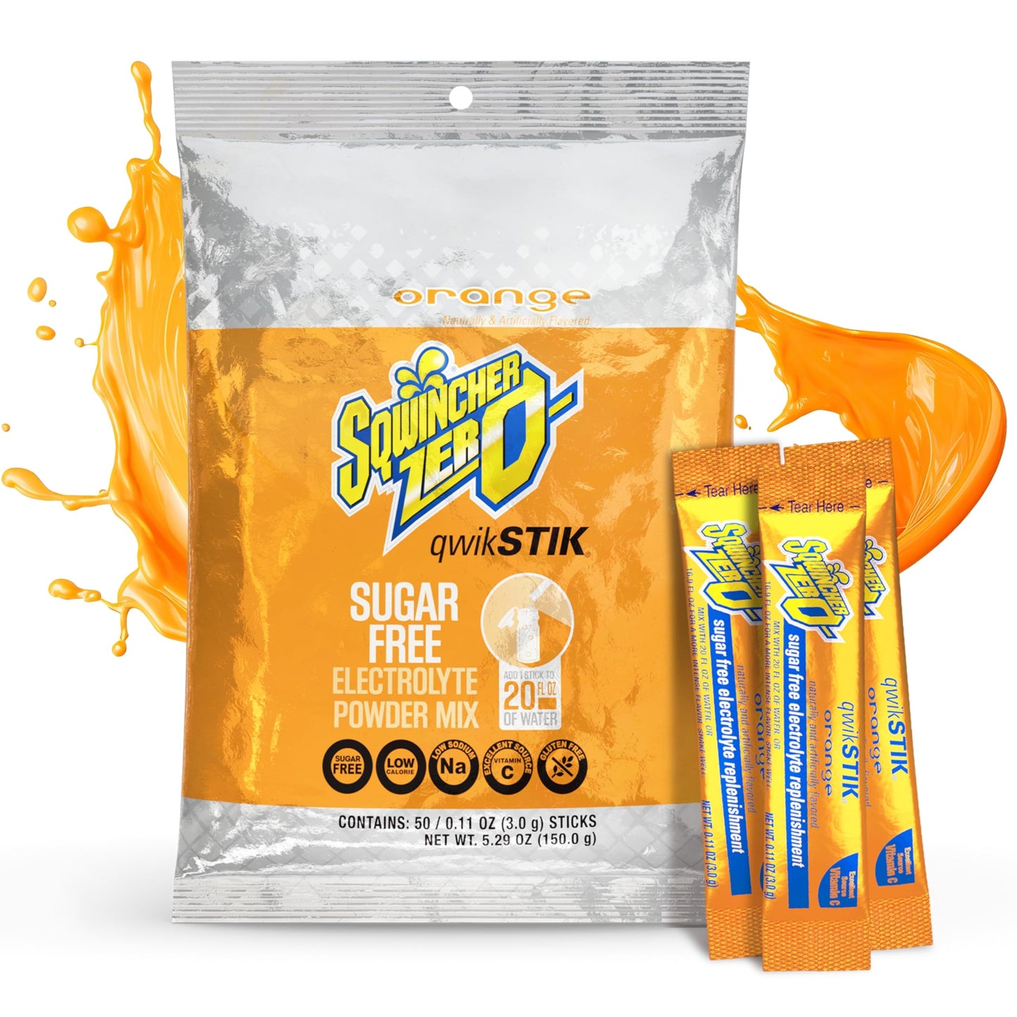 Sqwincher Zero Qwik Stik, Sugar Free, Low Calorie, Low Sodium Electrolyte Powder Hydration Drink Mix, Orange, .11 0Z Packet (Pack Of 50)