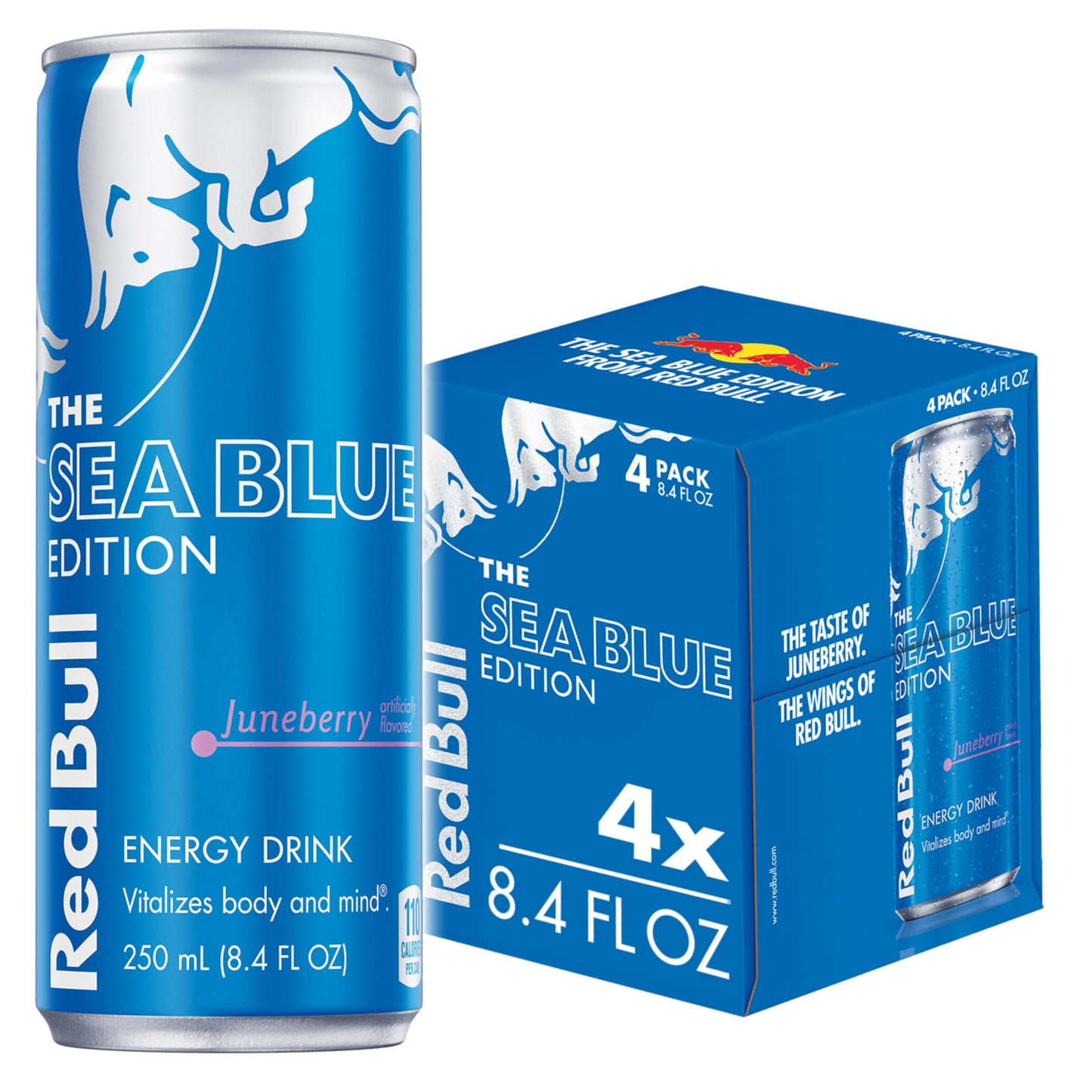 Red Bull Energy Drink, Sea Blue Edition, Juneberry, 80mg Caffeine, 8.4 Fl Oz, Pack of 4 Cans, Model RB242558