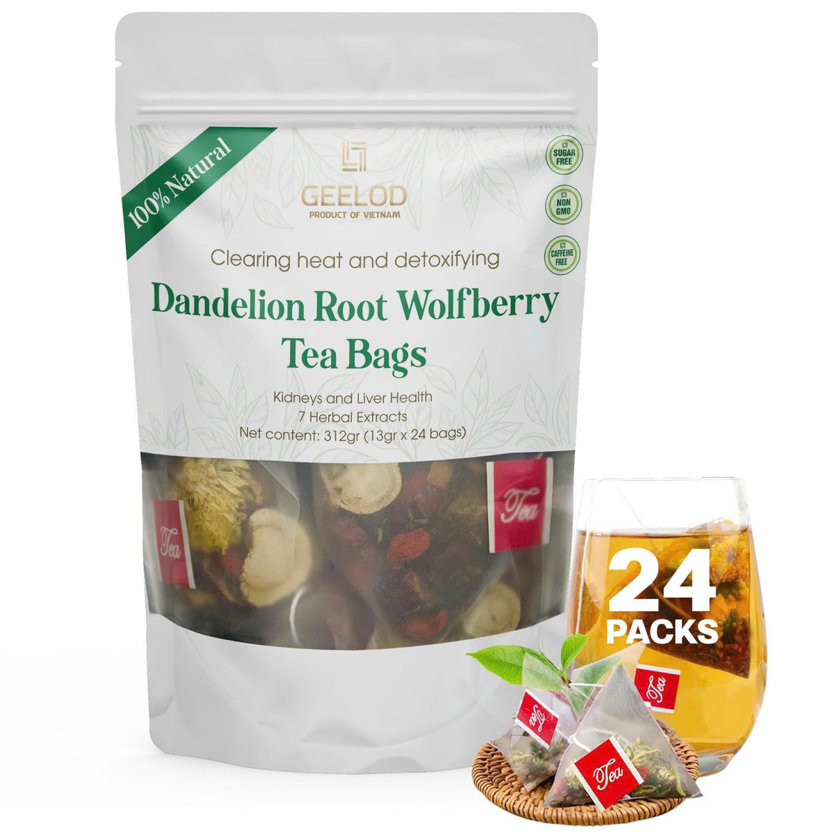 Premium Dandelion Root Wolfberry Tea Bags - Kidneys & Liver Health Tea, Seven Vietnamese Herbal Ingredients Natural Blend Tea ba