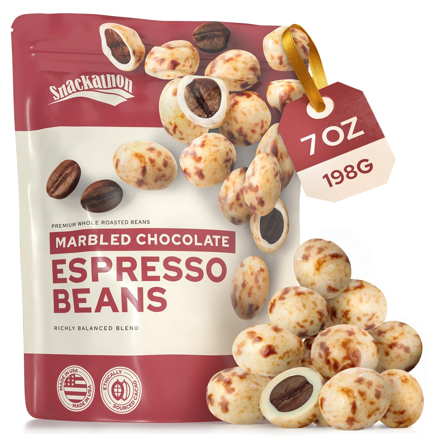 Snackathon Marbled Chocolate Covered Espresso Beans  7 Oz Resealable Bag  Made In Usa  Dual-Tone White & Dark Chocolate Gourmet Candy Snack For Coffee Lovers