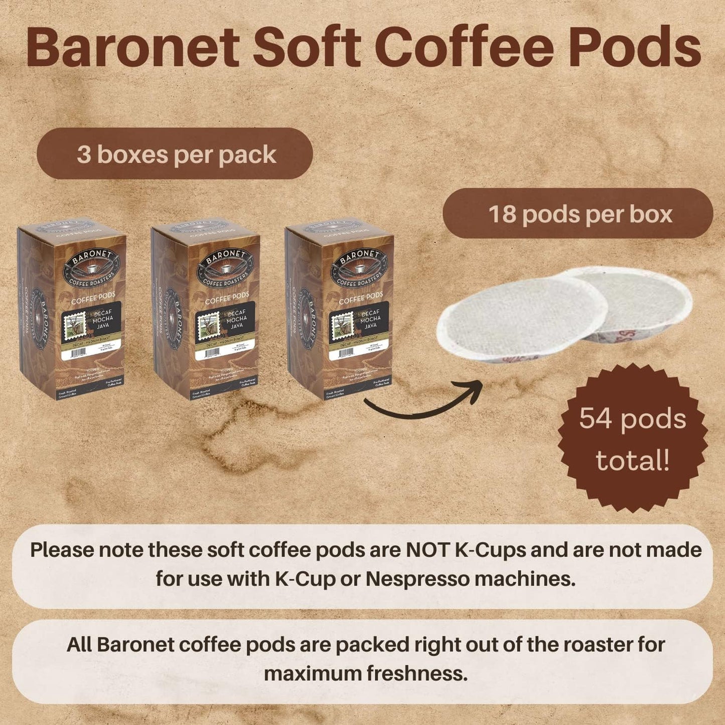 Baronet Coffee Pods Decaf Mocha Java, 54 Count Single Serve Coffee Pods, Medium Roast, Compatible with Senseo