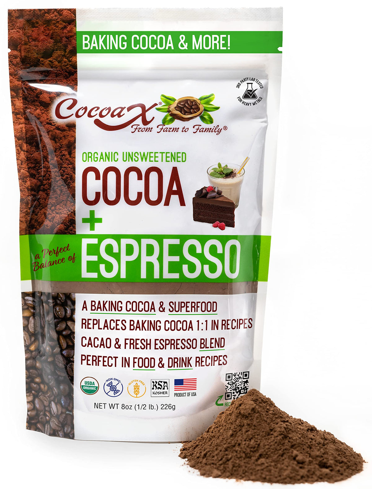 COCOAX Organic Cocoa Powder with Espresso - 8oz Gluten Free, Non-GMO, Unsweetened, Dutch Processed for Baking