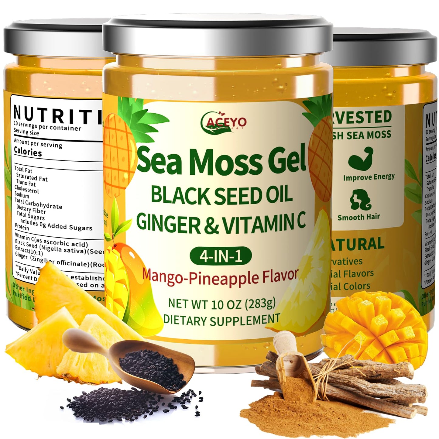 ACEYO Sea Moss Gel 4-in-1  Irish SeaMoss with Black Seed Oil & Ginger Rich in Minerals & Vitamins Immunity & Health Support Non-GMO  Vegan Mango Pineapple Flavor 10 oz (Pack of 1)