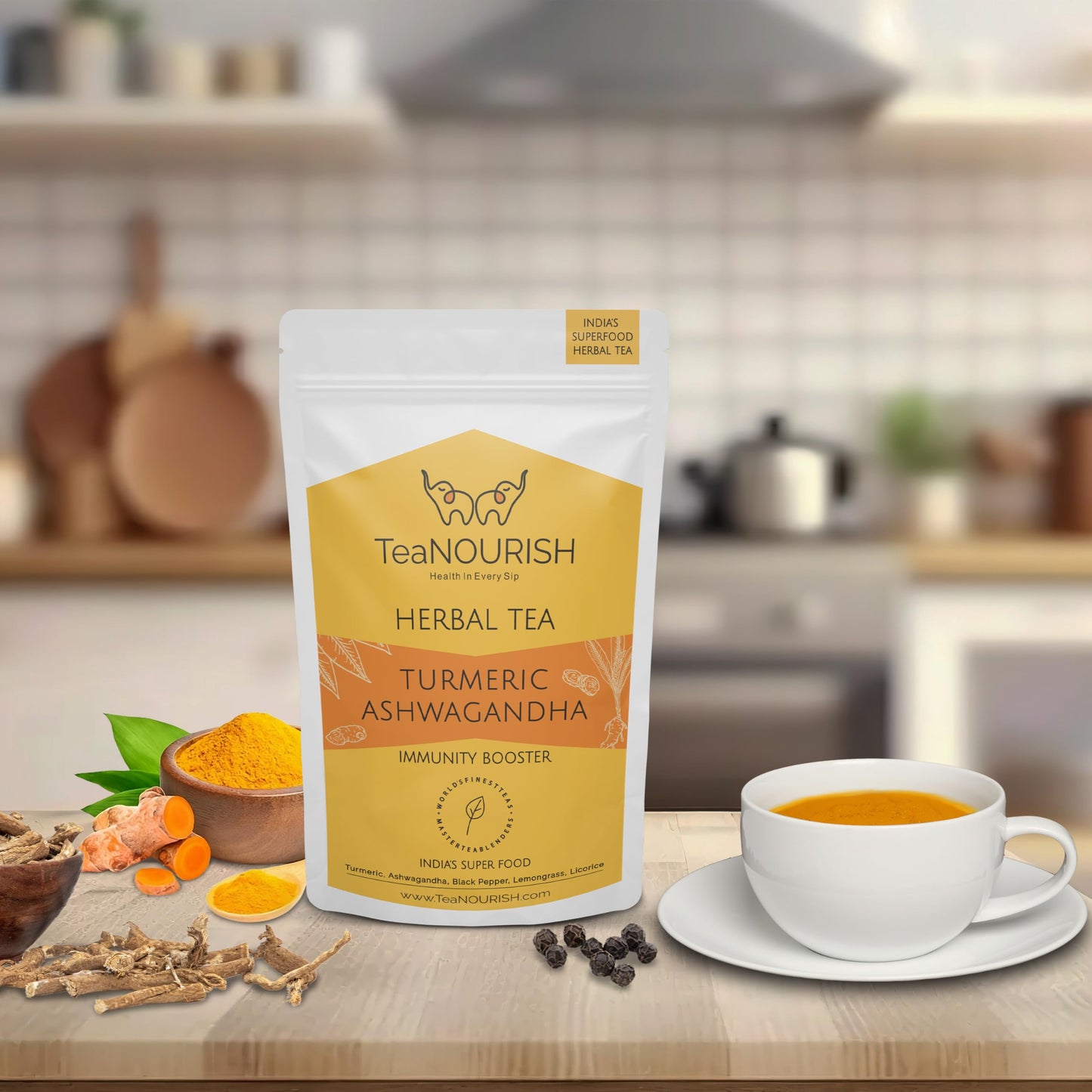 TEANOURISH Turmeric Ashwagandha Herbal Tea - Caffeine-Free, 100% Natural Ingredients, 3.53oz