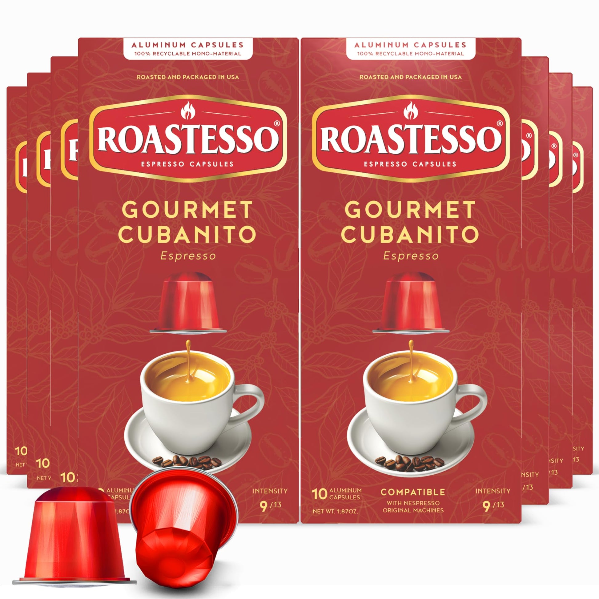 Roastesso Aluminum Espresso Capsules, Dark Roast Intensity 9, Compatible with Nespresso, 80 Count, Gourmet Cubanito Blend