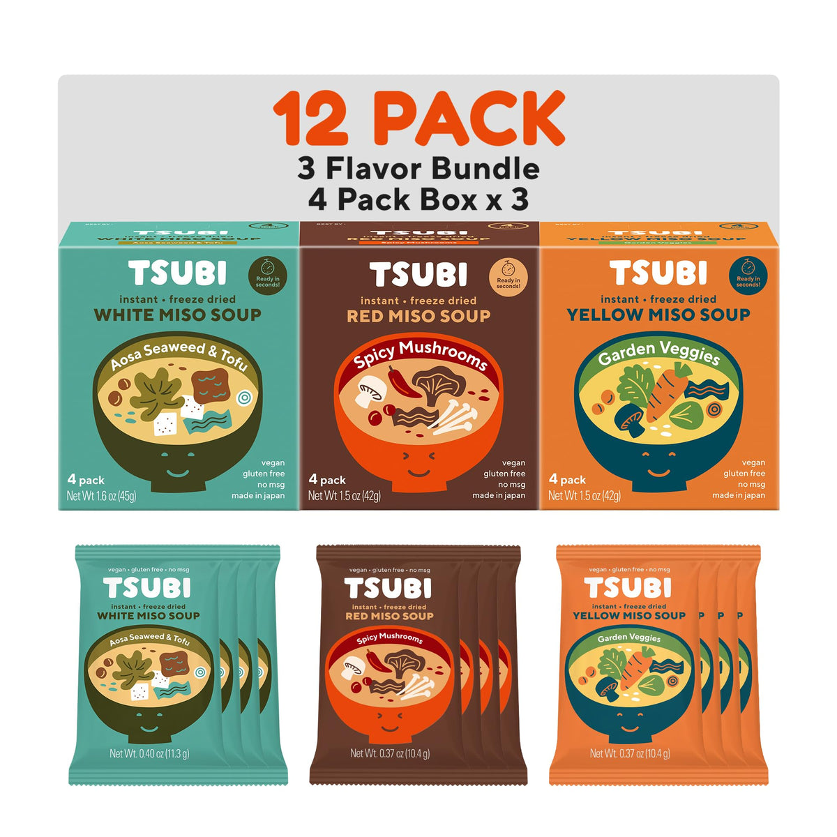 Tsubi Soup Freeze-Dried Japanese Miso Soup Packets - Instant  Vegan  Easy Mix  Gluten & MSG-Free  and Flavorful - Ready in Seconds - Authentic Taste of Japan - Best Trio Flavor - 12 Packs
