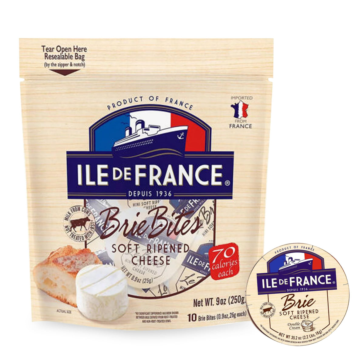 Ile De France Brie Cheese - 60 Soft Ripened French Cheeses  0.9 Oz Mini Brie Individual Cheese - Easy To Carry Brie Bites From The Cheese Lover Shop