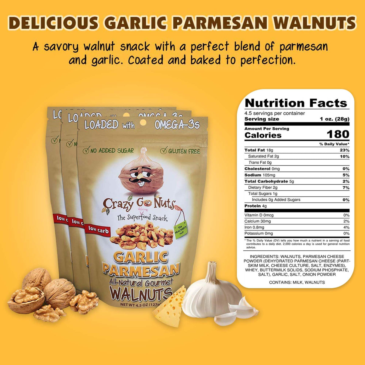 Crazy Go Nuts Sampler Pack - Candied & Salted Walnuts for Snacking, Flavored Snack Packs w/Omega 3 ALA & Vegan Protein - Maple,